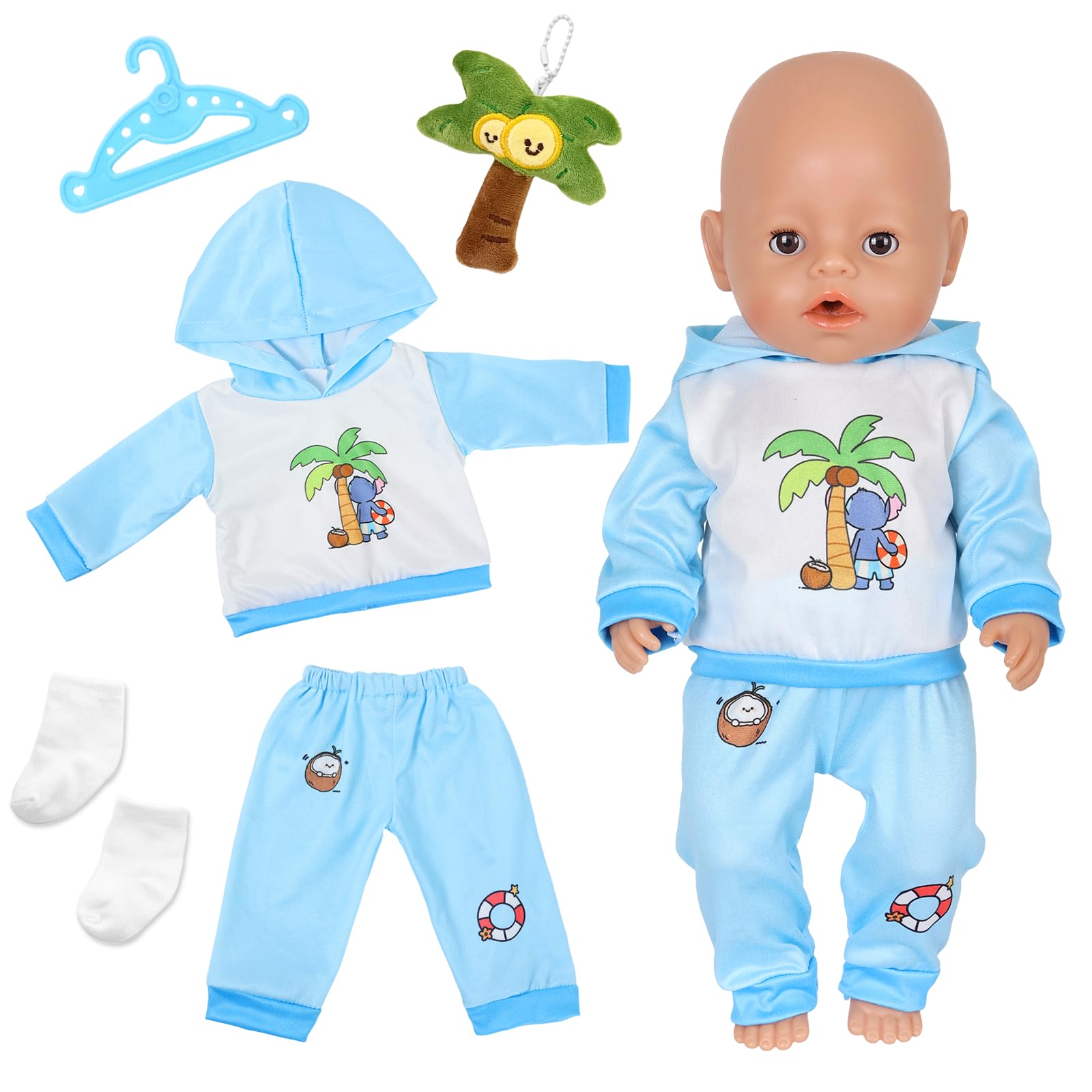4 Stück Süßes Puppenkleidung für 14-18 Zoll Baby Puppen, 43cm 36cm 38cm Puppen Kleidung Outfits Blauer Welpenhoodie Hose Socken Kleiderbügel, 43cm Neue Puppenkleidung Zubehör Geschenke für Kinder