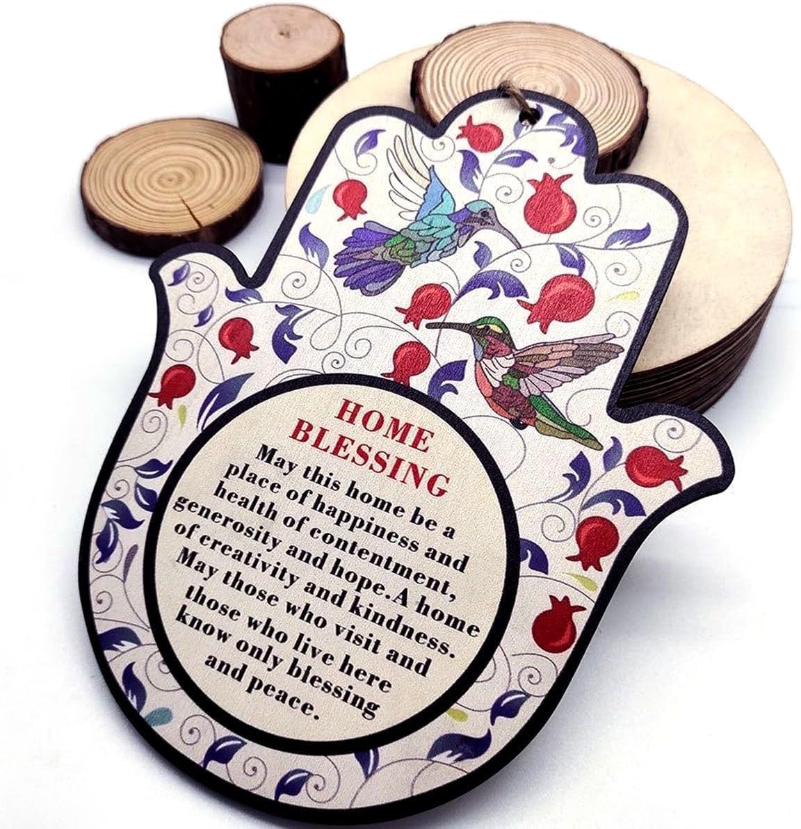 ArancioneandQ (English Blessing) 7.1 Inch Hamsa Good Luck Home Blessing Red Pomegranates and birds Protection Amulet Hand Wall Hanging Decor Evil Eye Protection gifts for home