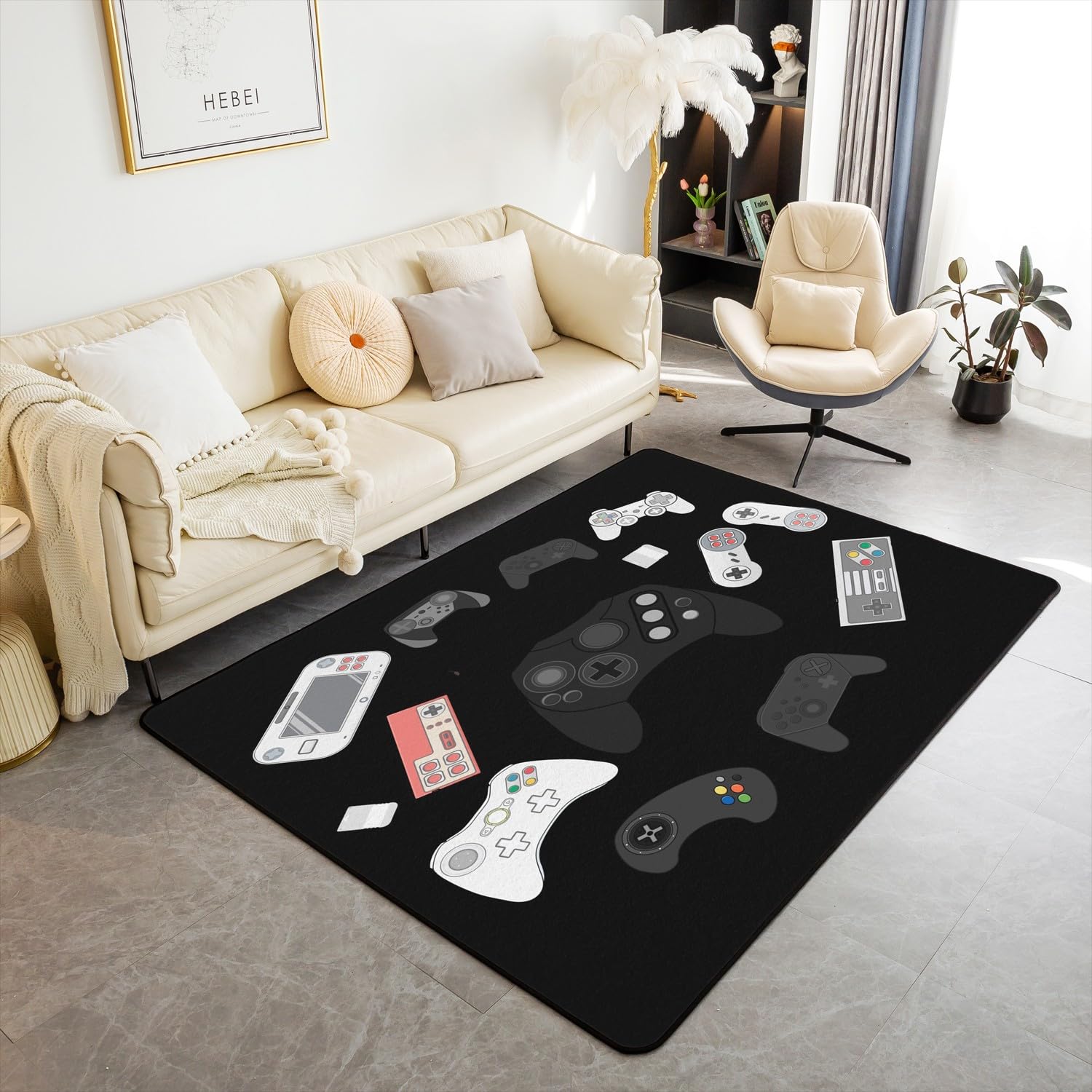 Loussiesd Dywan do gier, gamepad dekoracyjny dywan dla gracza, dekoracja pokoju gier, nowoczesny kontroler konsoli do gier, czarna, mata podłogowa, 100 x 150 cm