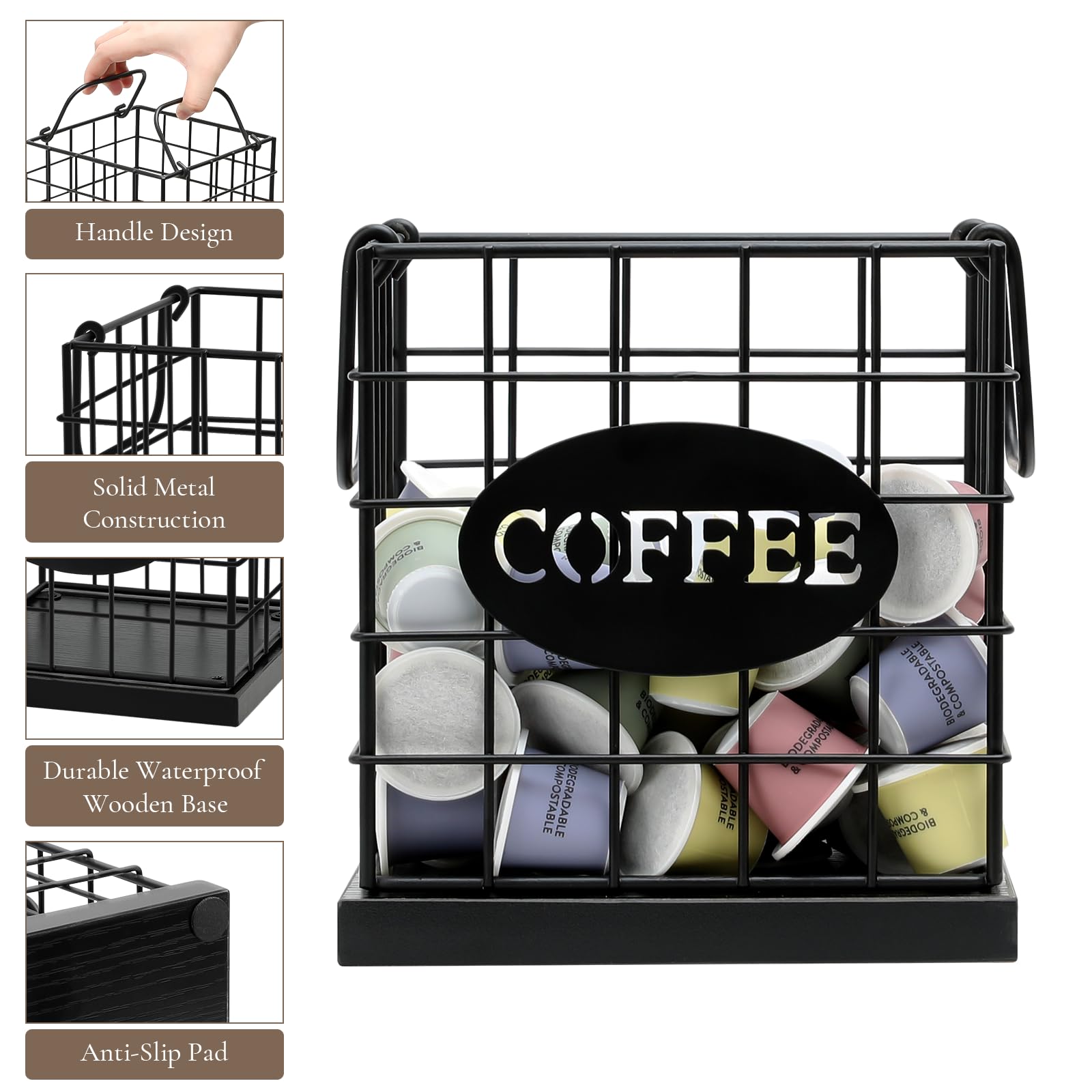 Organizador de cápsulas de café, organizador de gran capacidad, cesta de almacenamiento para encimera de cocina, oficina, cafetería, bar con base de madera (cuadrado negro rústico)