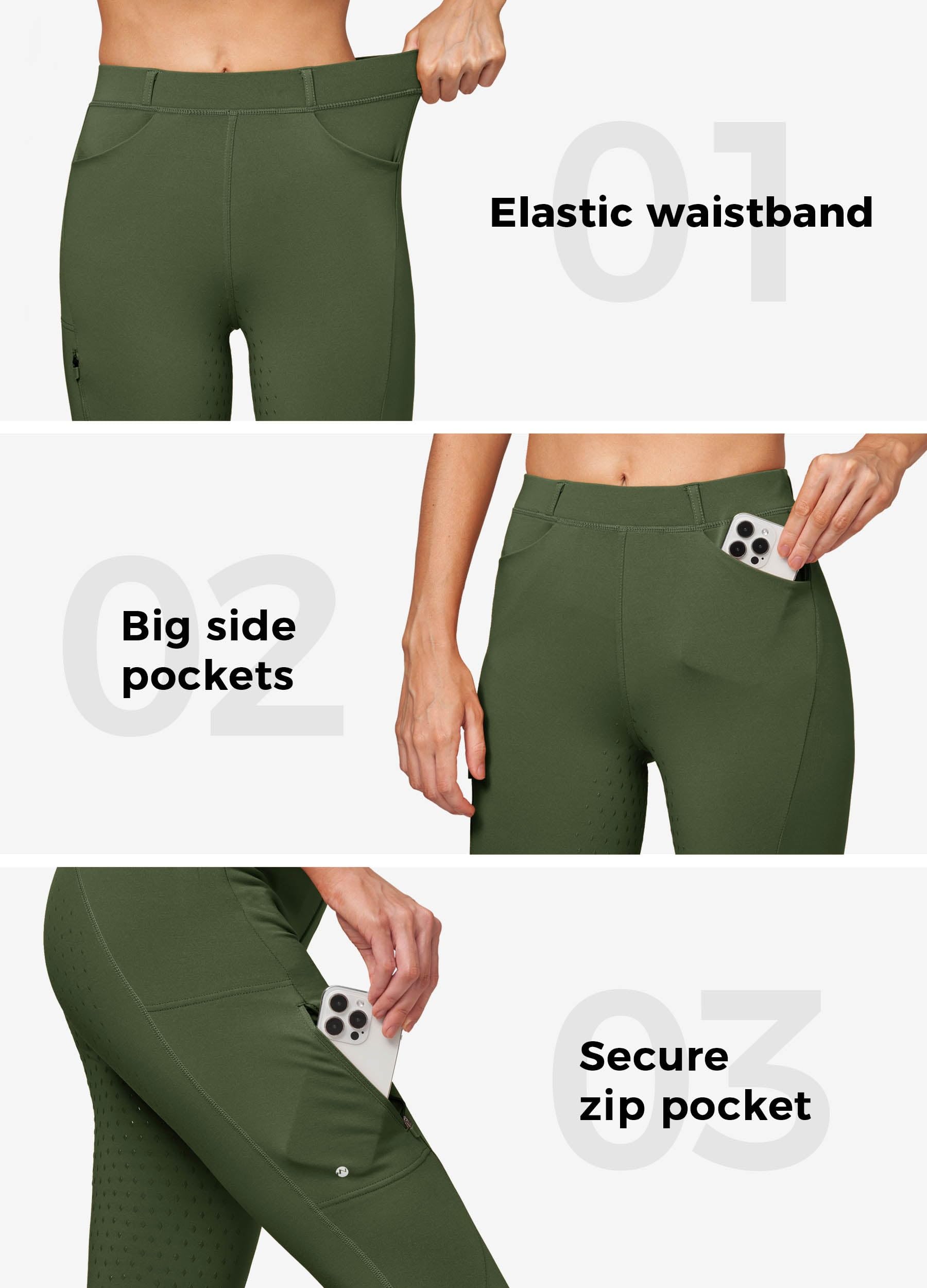 WILLIT Pantaloni da equitazione da donna, invernali, foderati, in pile, con inserti completi, per equitazione, equitazione, pantaloni termici con tasche, passanti per cintura, verde militare, S