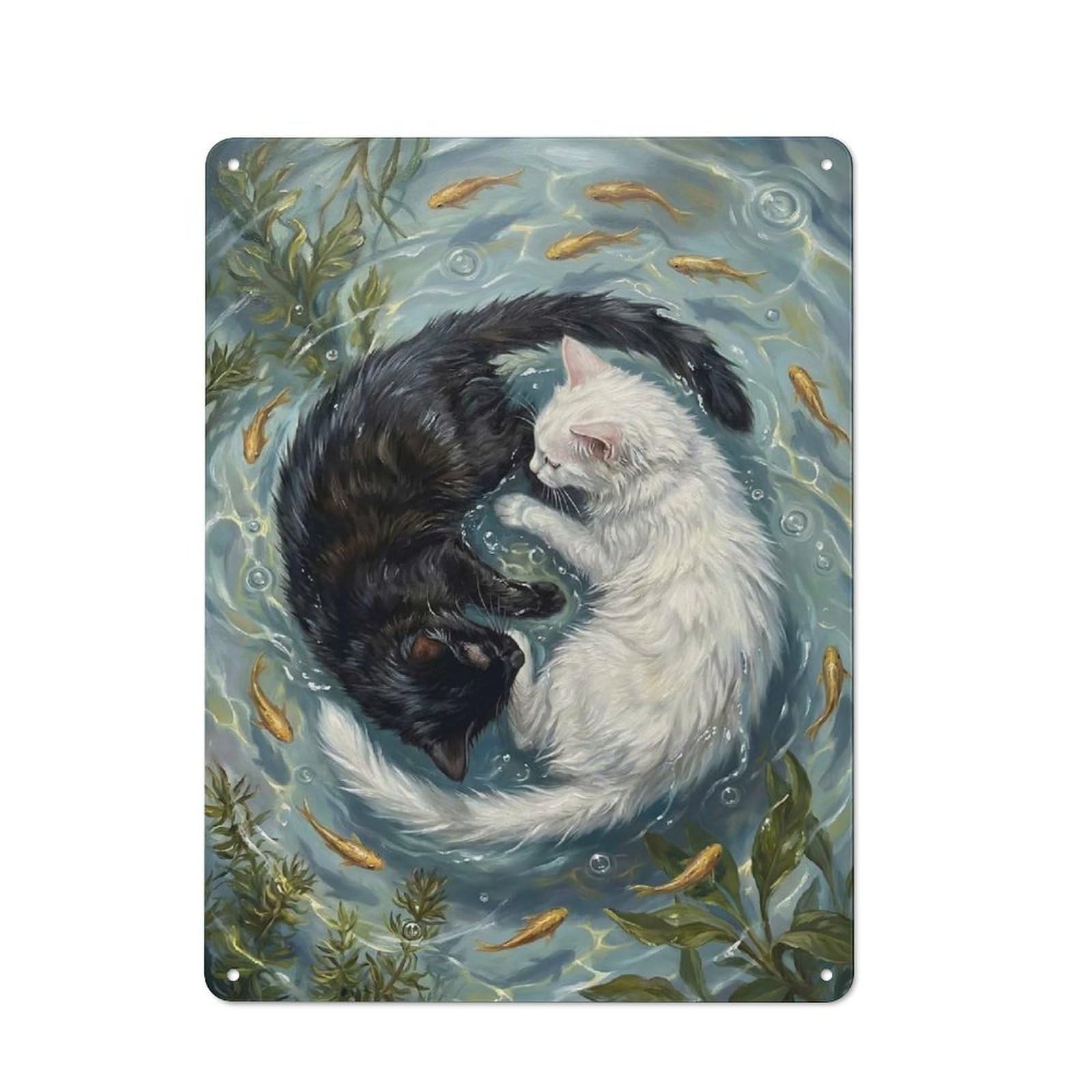 Junmoney Style-18 Yin Yang Cats And Goldfish Painting Rustic Metal Sign 40X30cm For Garden Room Or Summerhouse, For Summerhouse Decorators