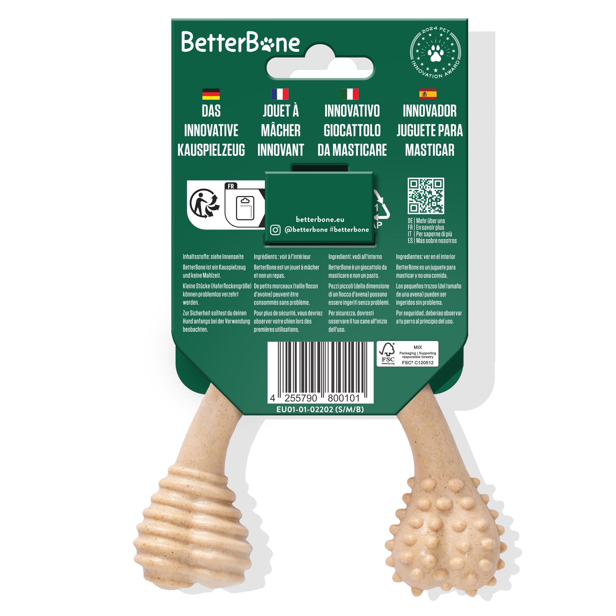 BetterBone - Giocattolo per cani da masticare – Small Medium Beef – Osso da masticare per cani senza nylon e OGM a base di cellulosa – Giocattolo da masticare medio con sapore di manzo – Legno da