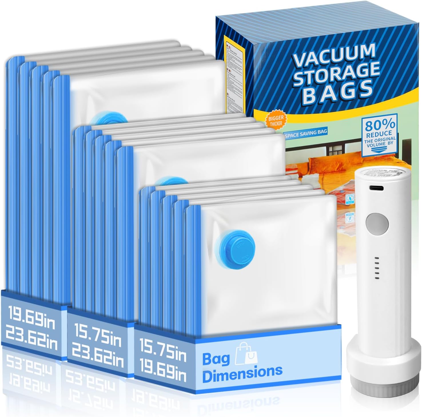 15 Pack Travel Vacuum Bags with Electric Pump，3 Different Sizes of Space Saver Bags,Vacuum Storage Bags Suitable for Clothing, Travel Luggage, Blankets, and Down comforters