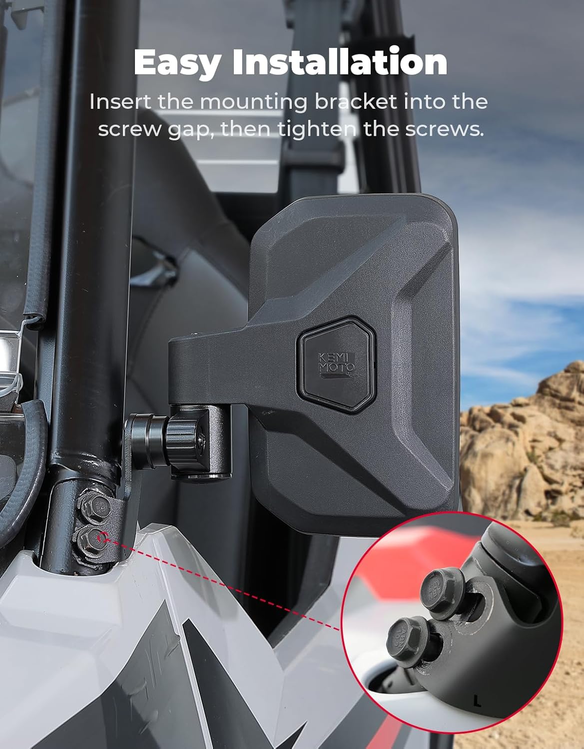 KEMIMOTO UTV Side Mirrors Spring Back Feature Mirrors Easy Adjust After Fold Compatible with Polaris General 1000/ XP 1000/4 1000/ XP 4 1000 2016-2026 Mounted on ROPS bar for UTV - Image 6