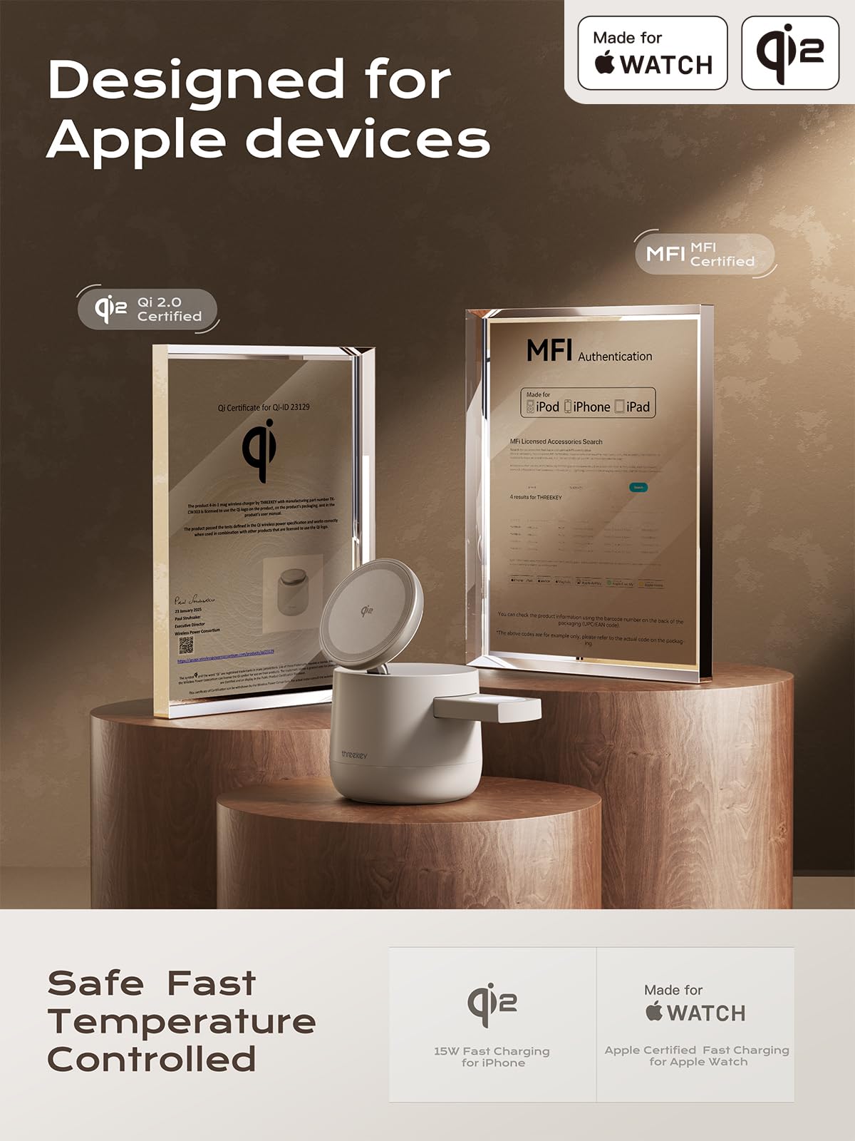 THREEKEY Estación de carga inalámbrica magnética Qi2 4 en 1, cargador inalámbrico rápido de 15 W con módulo de carga hecho para Apple Watch, compatible con iPhone 17-12 Series y AirPods, adaptador de