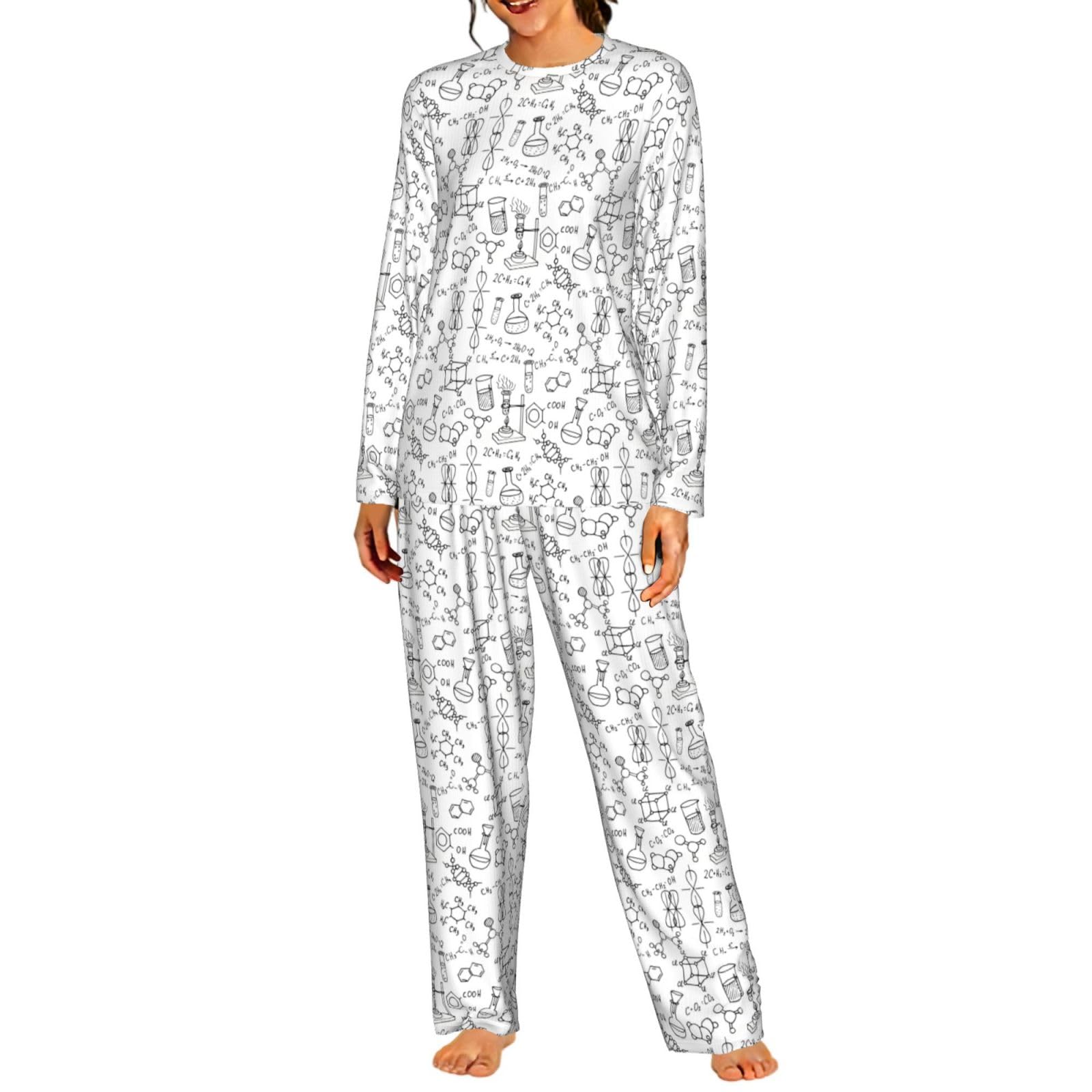 Chemistry Stampa Stampa Donna Manica Lunga Set Pigiama Corrispondente Morbido Elastico Coulisse Casual Daywear