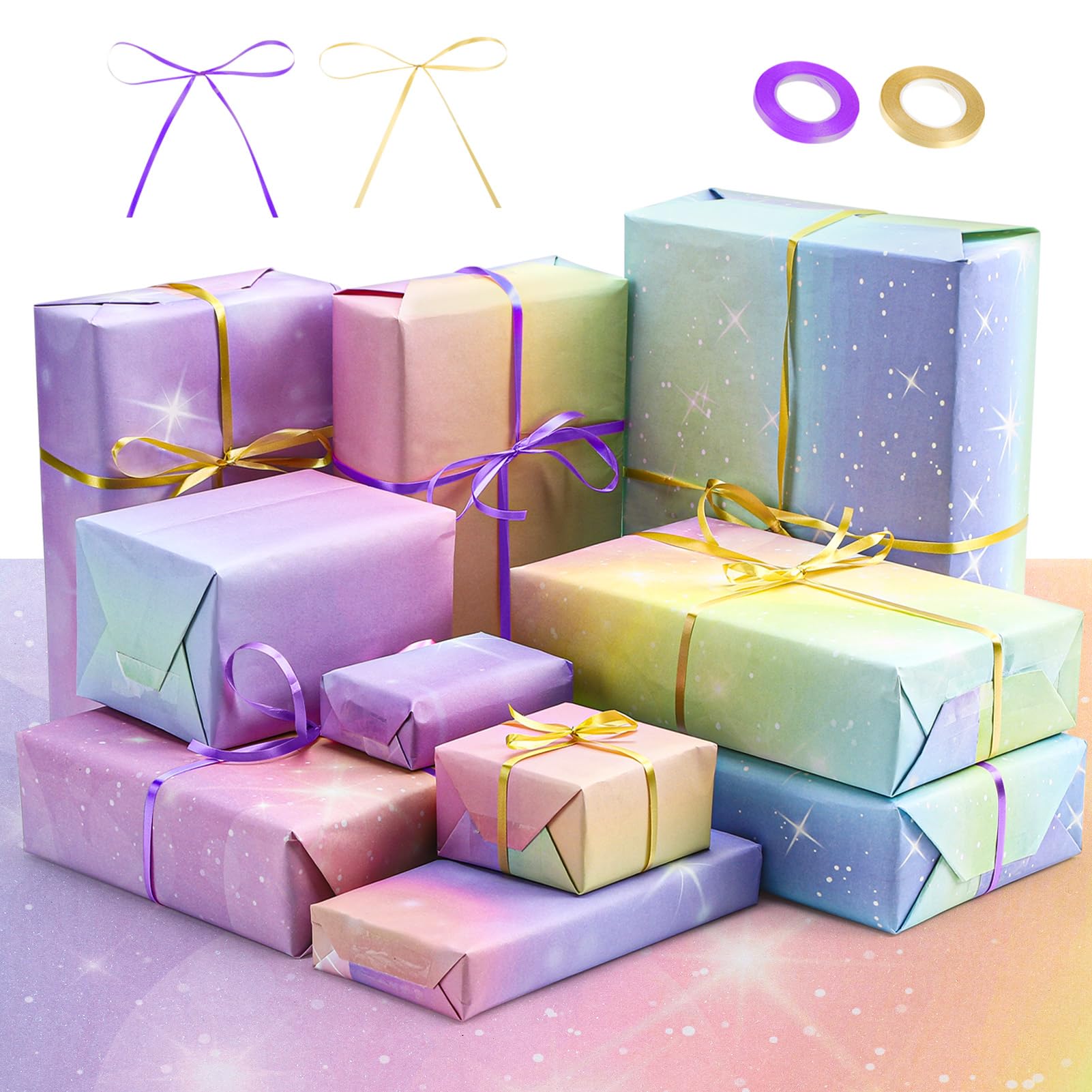 MtnLaur Girls Wrapping Paper Birthday 10 Sheets, Pastel Gradient - View #3