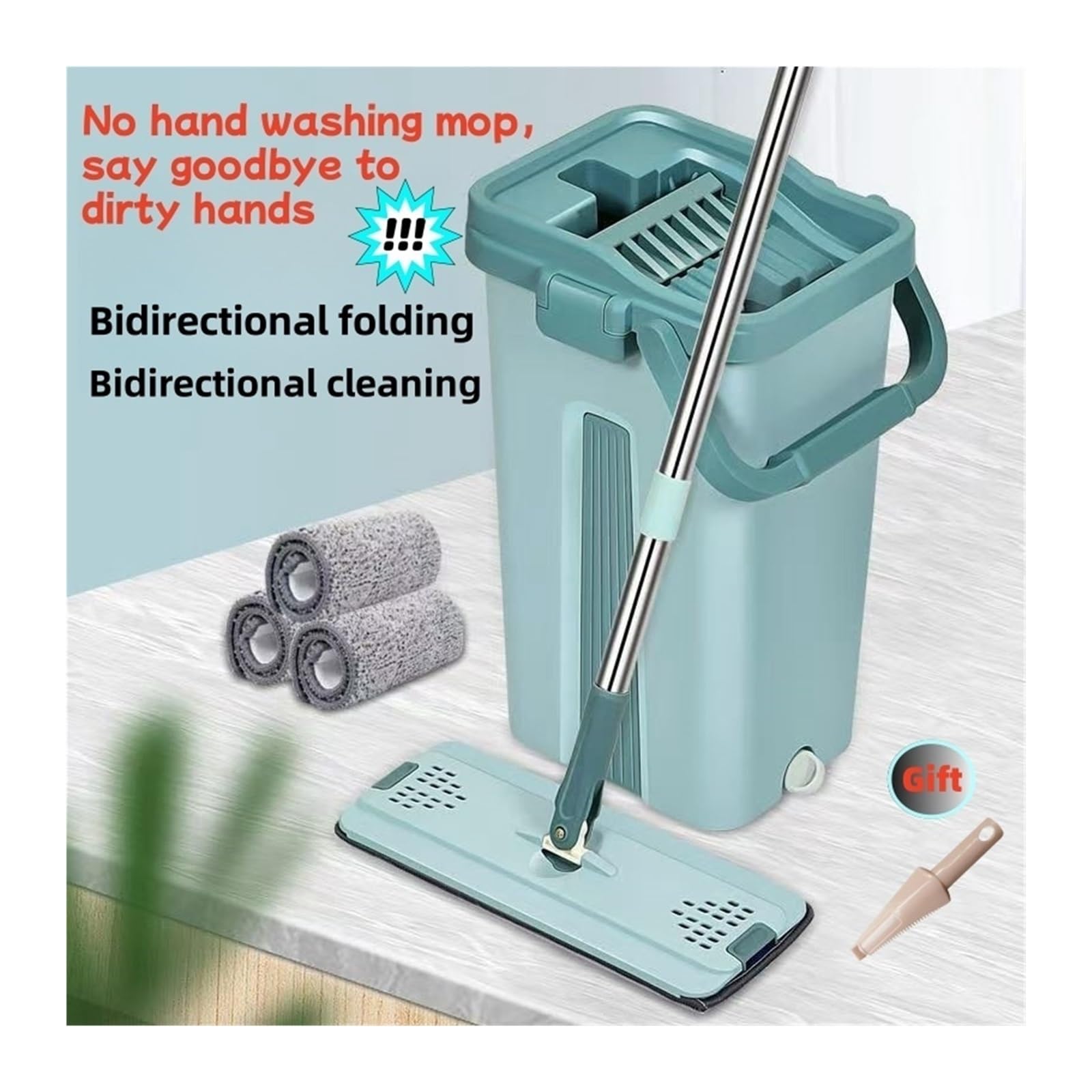 Trapeador Plano con Cubo, escurridor Manos Libres, Almohadillas de Microfibra for Limpieza de Pisos, Uso en seco o húmedo sobre Laminado de Madera Dura(Mop Set)