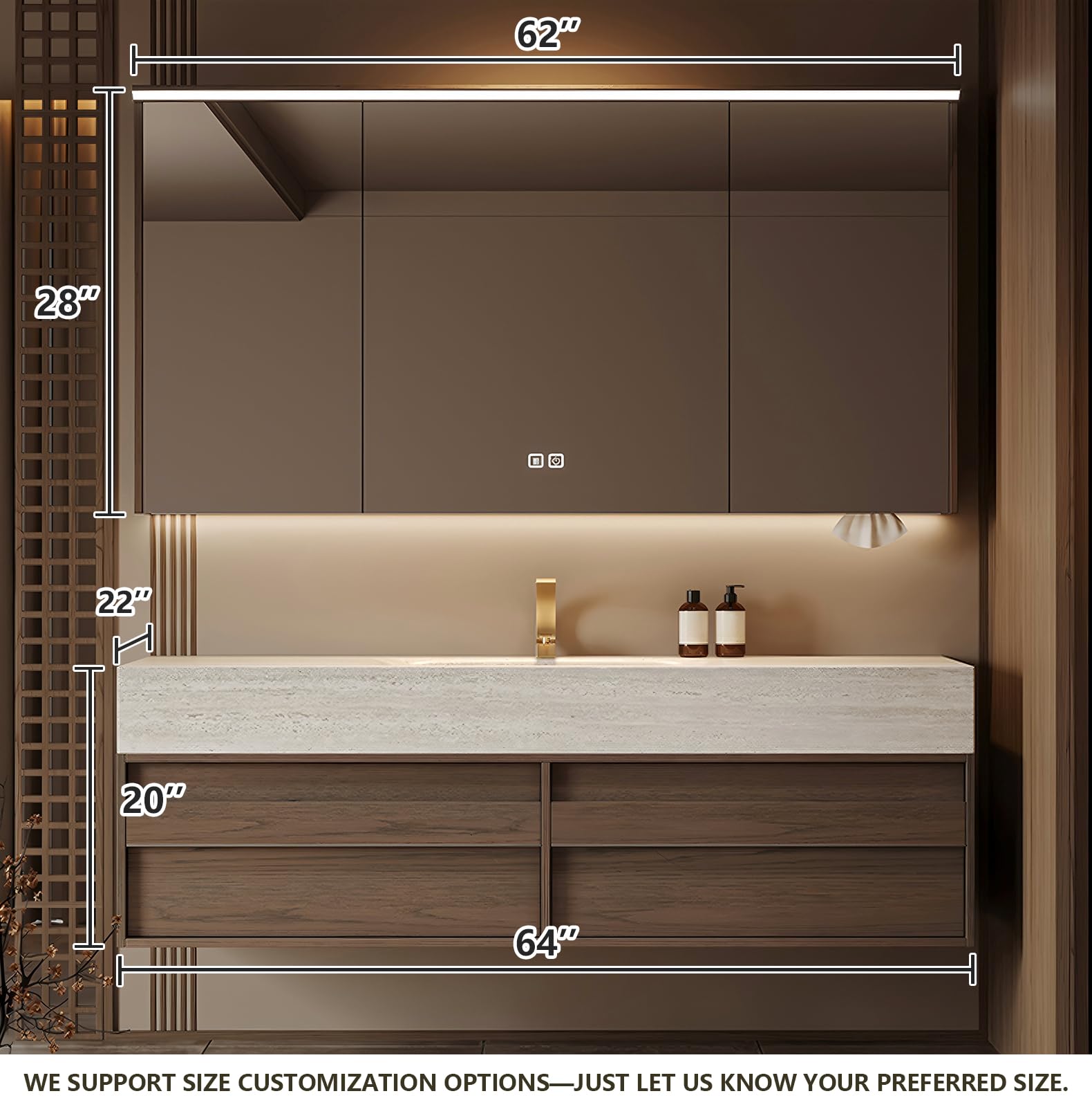 Moderno juego de tocador de baño de 64 pulgadas con espejo antivaho inteligente, parte superior de pizarra gruesa y fregadero de cerámica, montado en la pared, combo de madera maciza multicapa
