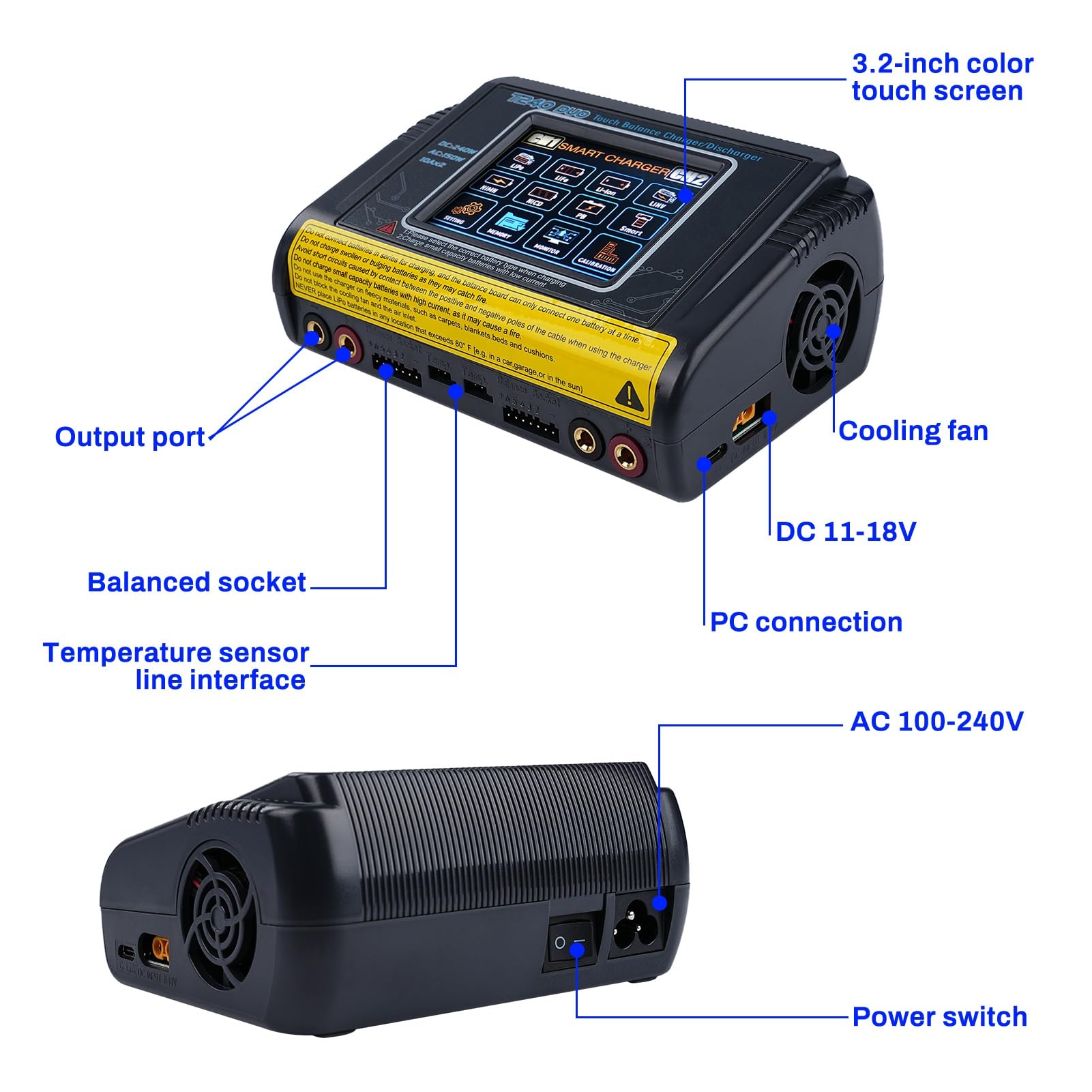Jadeshay LiPo Ładowarka dwukanałowa AC150W DC240W 10A Cyfrowy ekran dotykowy LCD Ładowarka i rozładunek z kablem DC AC i kablami ładującymi do akumulatorów LiPo Lilon LiFe NiMH NiMH NiCd PB NiMH