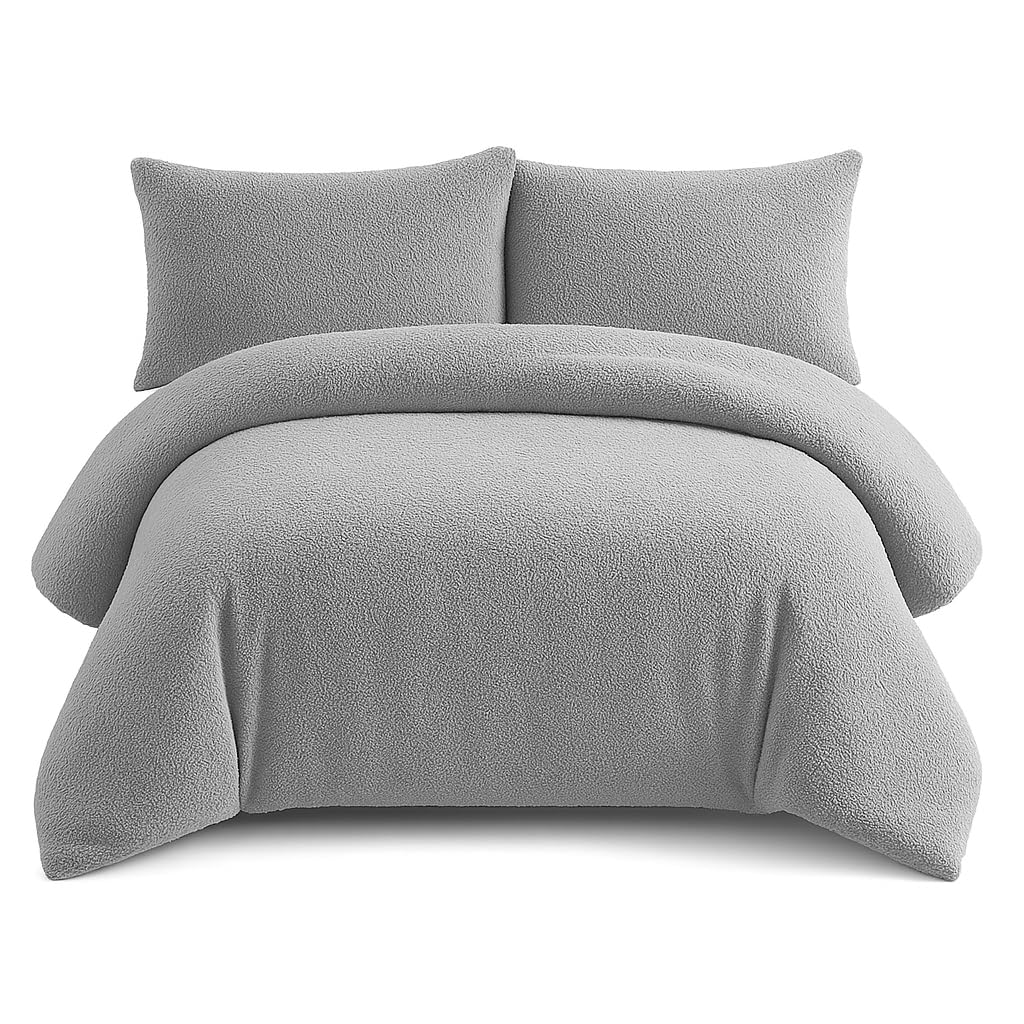Bella Nights Teddy Bear Fleece Duvet Cover Set – Thermal Warm & Cosy Soft Fur Bedding with Pillowcases – Winter Duvet Set (Silver, Single)
