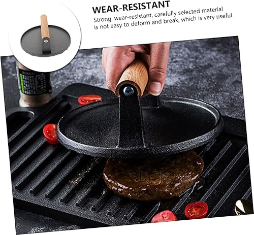 Miniatura 4 de DOITOOL Prensa de hamburguesa de hierro fundido para parrilla redonda para plancha superficie antiadherente, mango de madera 17.5 x 7 pulgadas