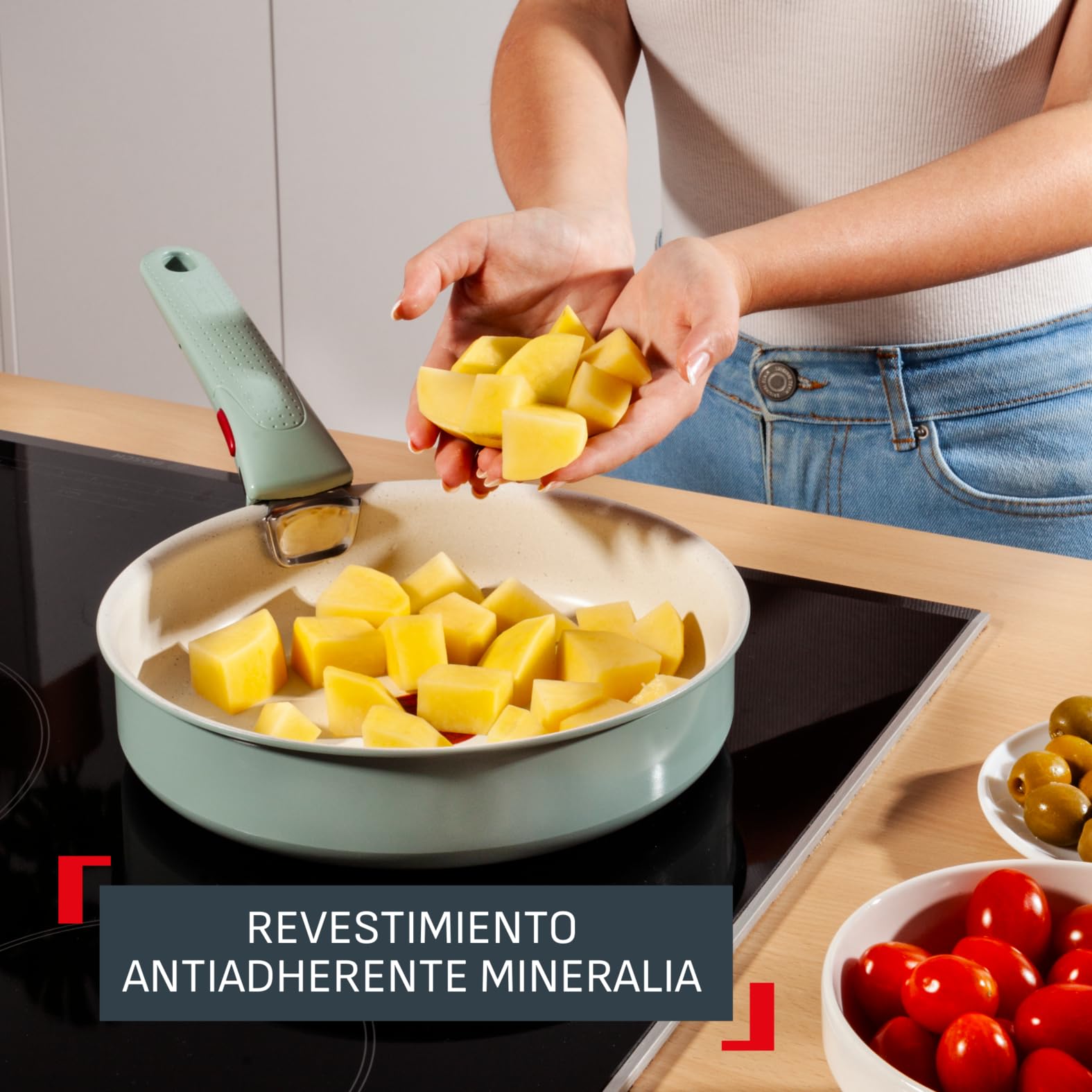 Tefal Ingenio Serenity - Juego de 2 Sartenes 22/28 cm + Wok 26 cm + 2 Cazos 16/20 cm + 4 Accesorios + 2 Mangos, Revestimiento Antiadherente, Apilable, Inducción, Apto lavavajillas y horno, Eucalipto — view 7
