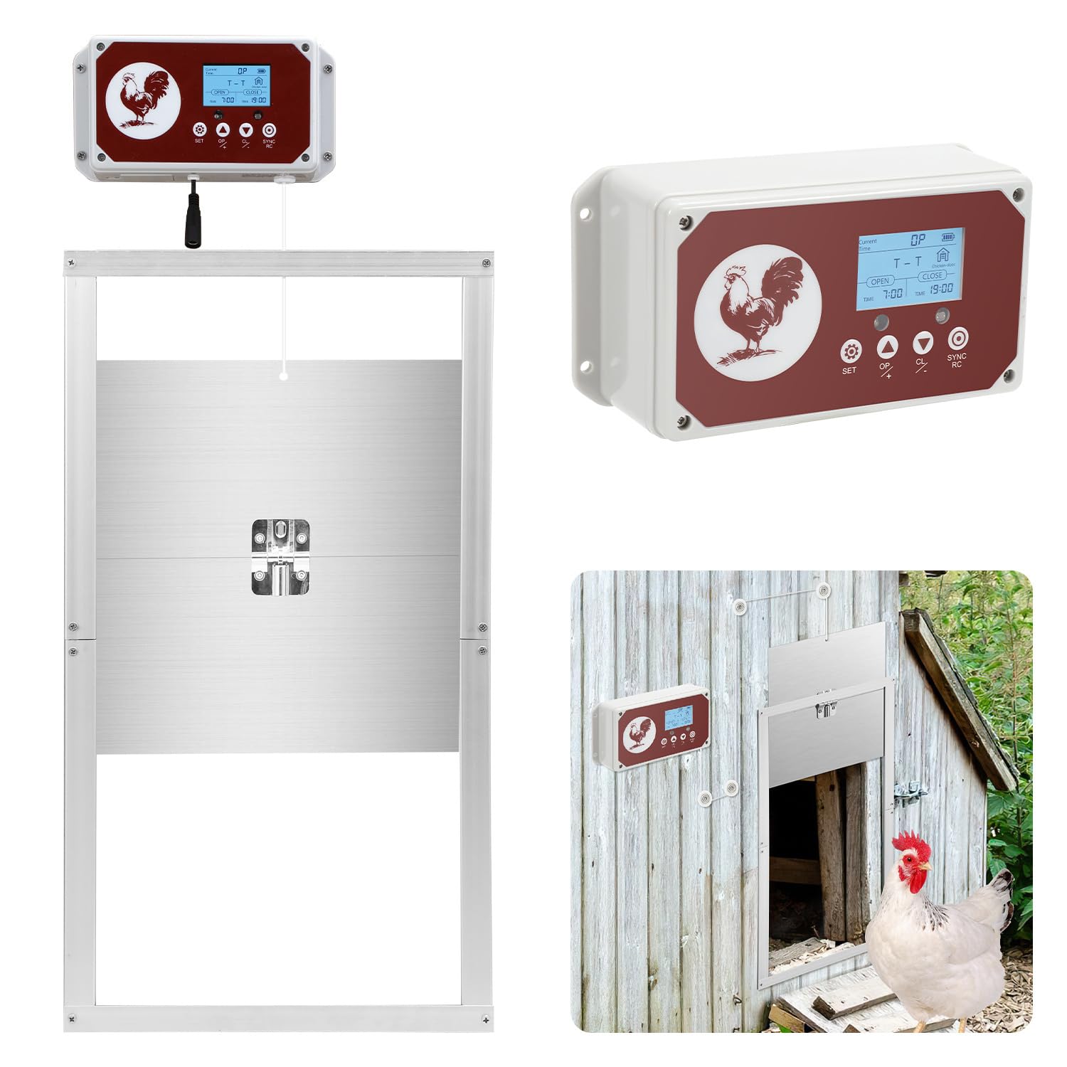 Batería automática de aluminio de 7,8 W con pantalla LCD, temporizador, sensor de luz, mando a distancia, protección contra pinzamientos, puerta automática para gallinero