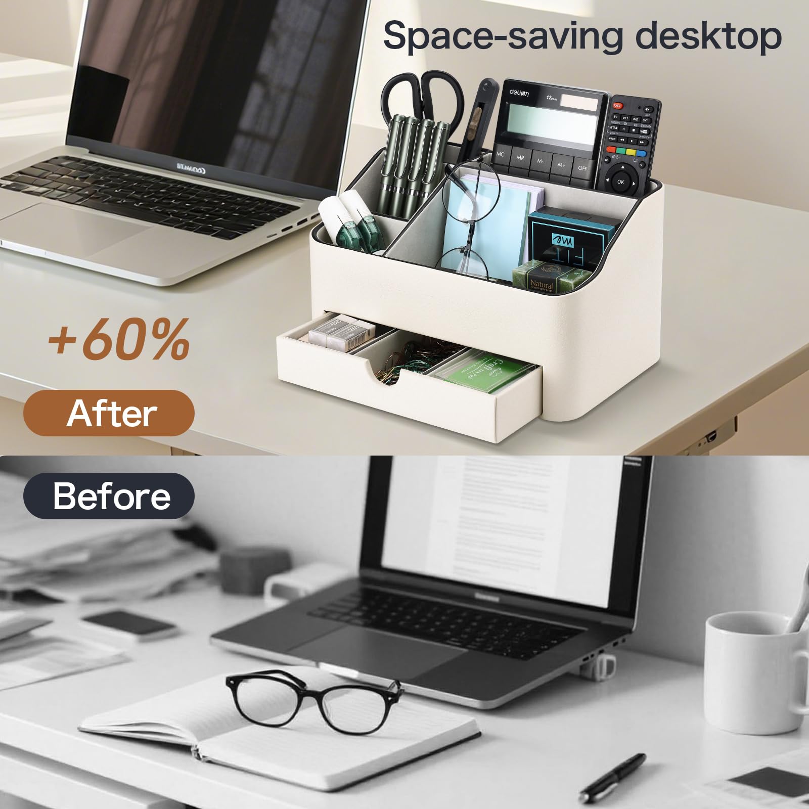 KINGFOM Organizer da scrivania con cassetto, portapenne multifunzione per scrivania, organizer da scrivania e accessori, 5 scomparti per forniture per casa e ufficio (crema)