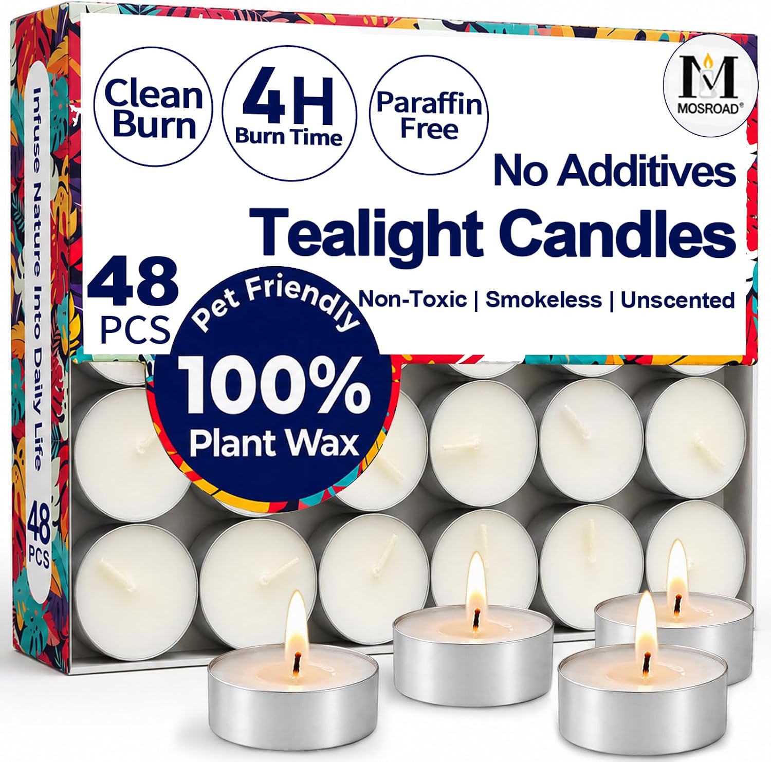 Tea Lights Candles 48 Pack, 4 Hour Palm Wax Tealights