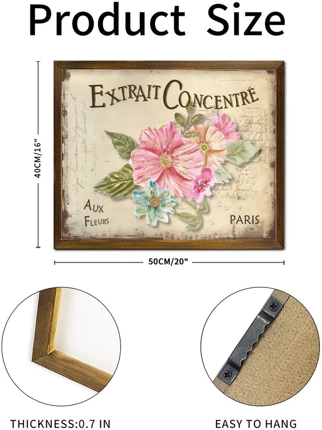 Extrait Concentré Aux Fleurs Wood Framed Signs Vintage French Orchid Flower Welcome Sign Rustic Hello Spring Flower Wooden Wall Art Decor for Front Door Entryway Porch Bar Pub Party 16x20 Inch