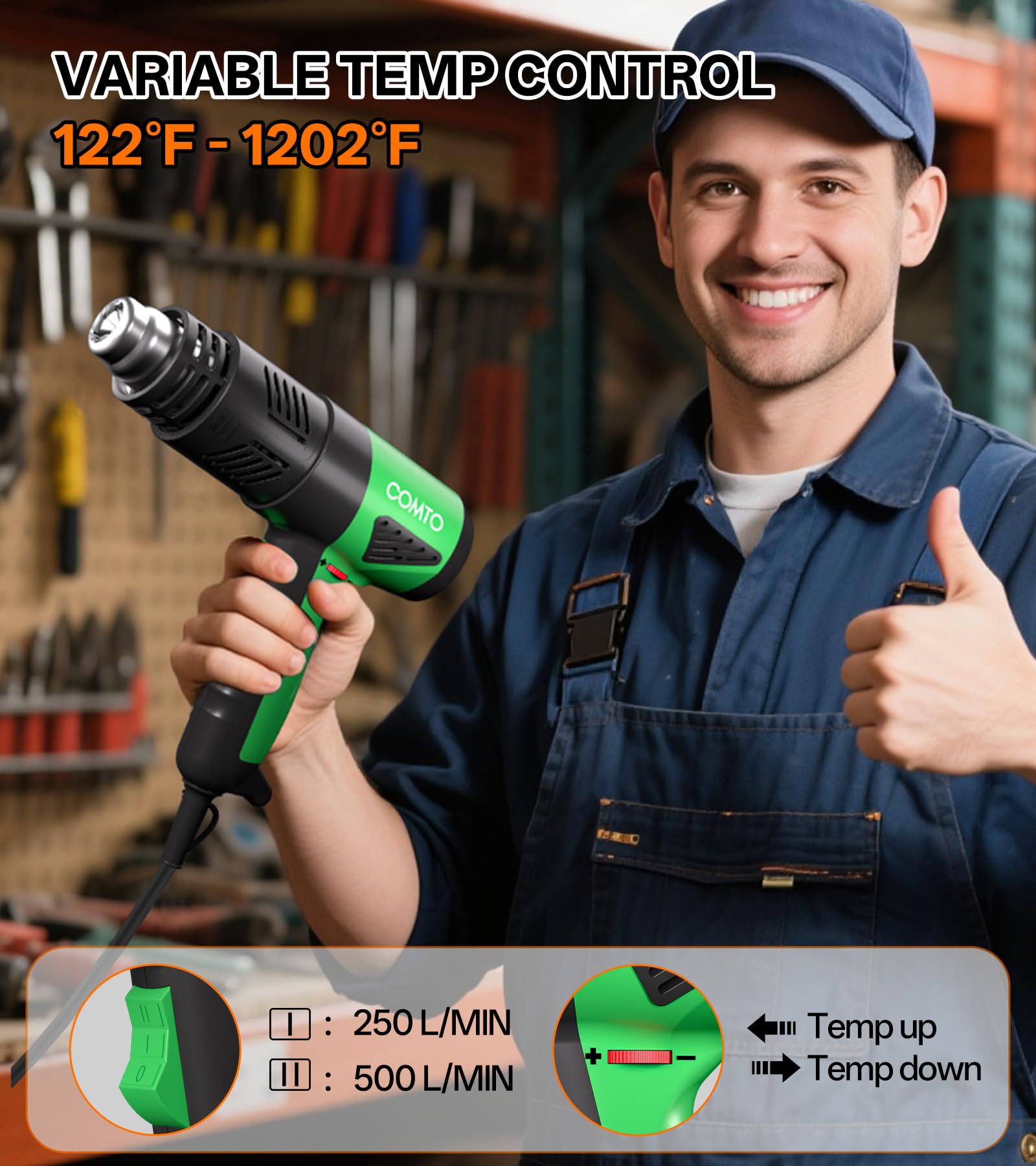 Pistola de calor industrial de 1800 W, calentamiento rápido, 168 °F a 1500 °F, control de temperatura variable, protección contra sobrecalentamiento, flujo de aire de 2 velocidades con 4