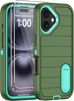 iPhone 16 Plus用スクリーンプロテクター付きケース、内蔵インビジブルキックスタンド、ヘビーデューティ耐衝撃落下保護 ミリタリーグレード 3層 頑丈で耐久性のある携帯電話カバー Apple 16 Plus 6.7インチ用 グリーン