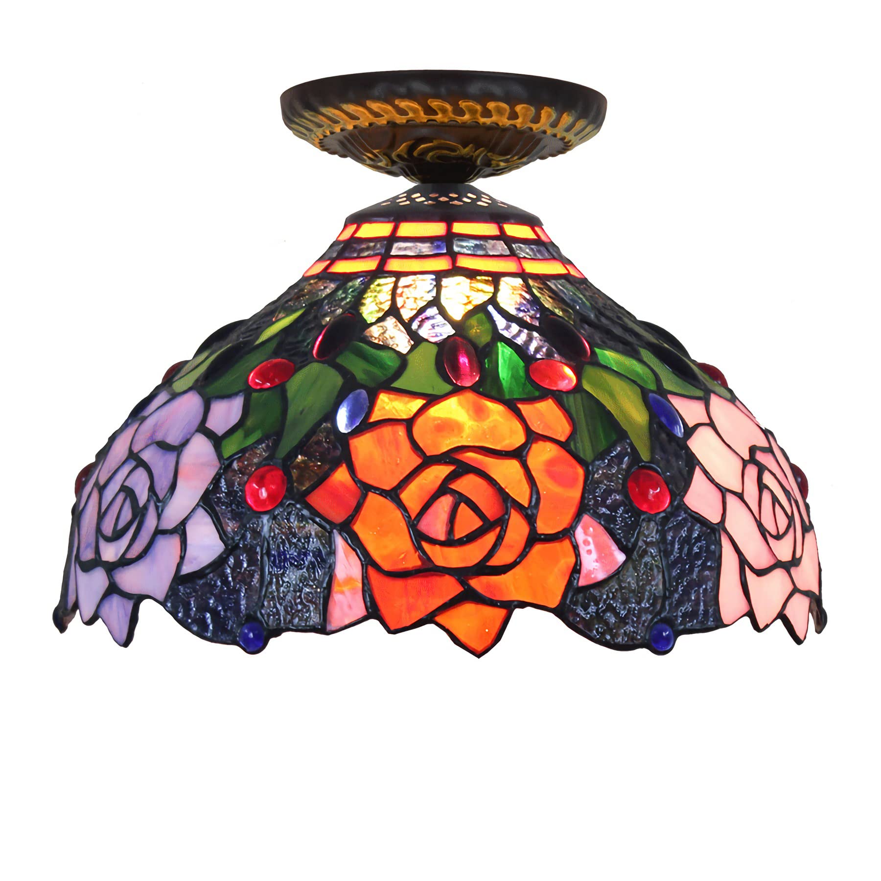 YNIYUJKL 12 Inch Tiffany Rose Ceiling Light Flush Mount, Dimmable Stained Glass Chandeliers, E26 Bulb, Victoria Style Decorative Ceiling Lamp For Living Room, Bedroom, Hallwa