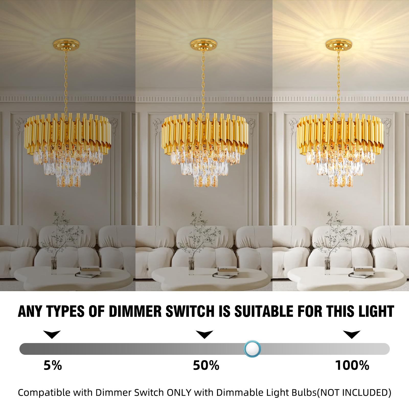 Lustre Golden Crystal Chandelier Lights, Modern Crystal Pendant Light, 3-Tier Raindrop Chandelier Light Fixture, 5xE14 lumières, pour le salon, la salle à manger, la chambre, le Restaurant, Ø40 cm