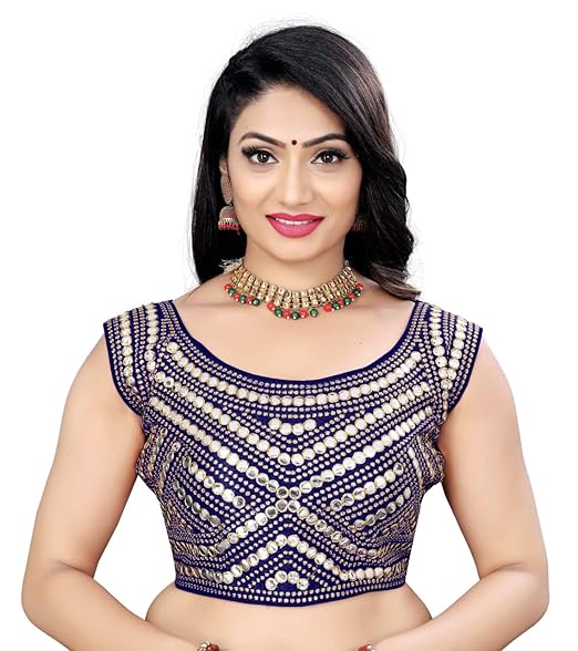 Blue Women's Fashion Real Mirror Embroidery Sequence Work Round Neck Sleeveless Readymade Blouse- Navratri Blouse-Ready to Wear Stylish Blouse Design-Designer Blouse -1PC