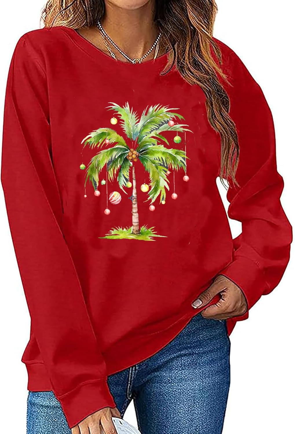 BOMYTAO Christmas Sweatshirts for Women Christmas Palm Tree Long Sleeve Shirts Xmas Holiday Party Pullover Tops Blouse - Image 2