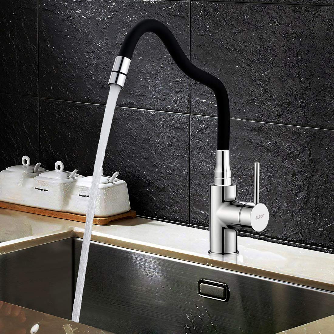 ALTON LEO12195 Brass Single Lever Sink Mixer with Dual Flow Flexible Swivel Spout, Black & Chrome Finish 3