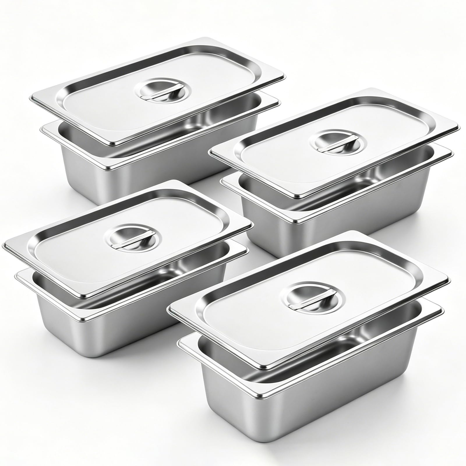 Paquete de 4 sartenes Gastronorm de 1/3 con tapas, 325 x 175 x 100 mm, recipientes de acero inoxidable de 1/3 GN, recipientes de alimentos con tapas