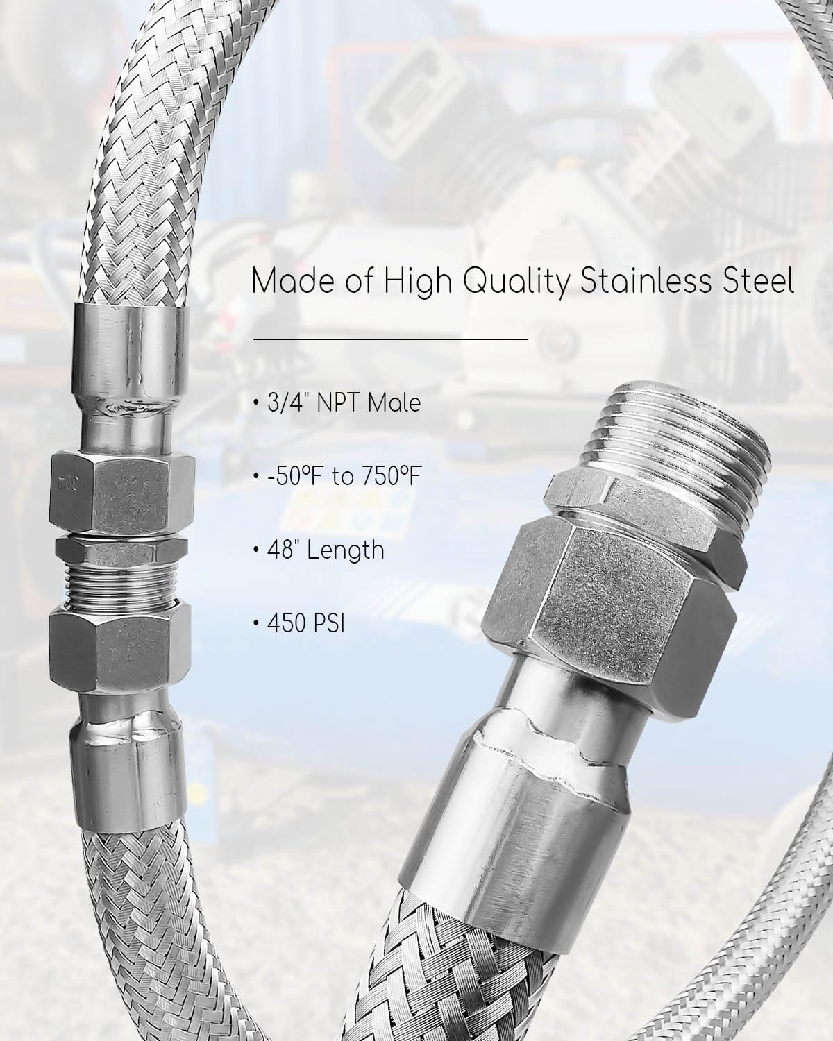 Stainless Steel Braided Compressor Jumper Hose – 3/4" NPT Male, 20" Length, 450 PSI, 750°F Rated, Rotating Fittings Both Ends