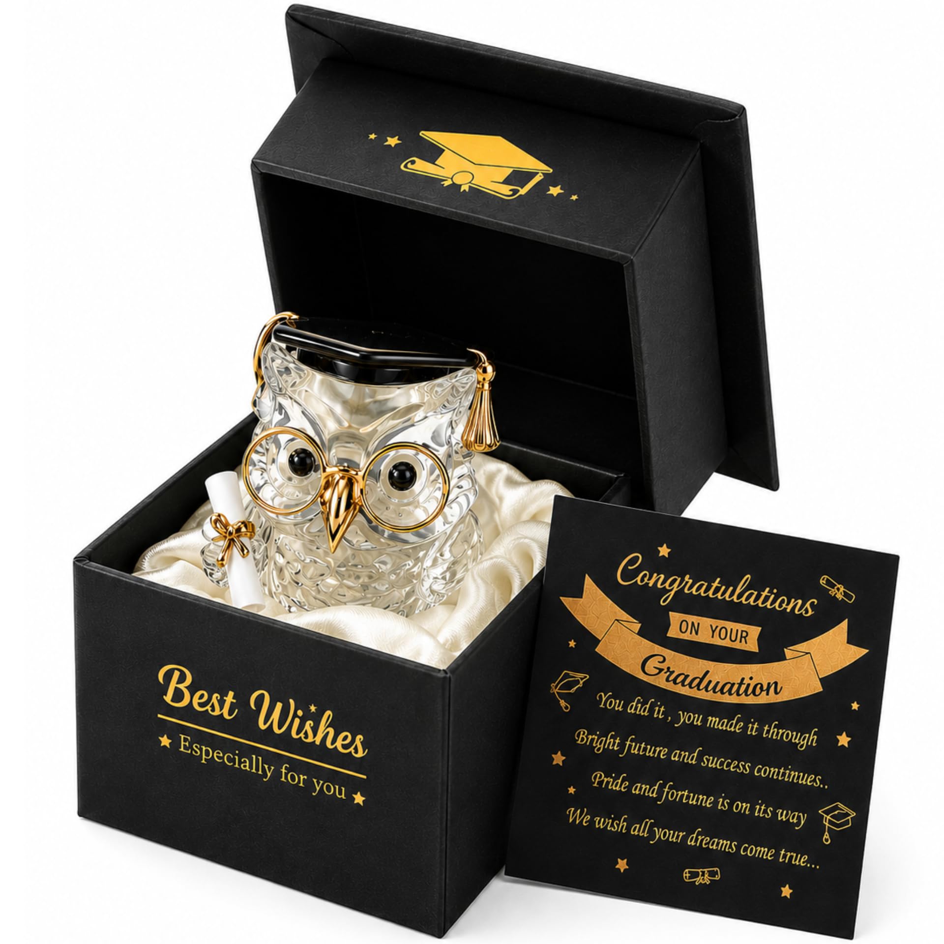 Crystal Glass Owl Graduation Gift Ornament Keepsake in Message Box Graduation Present Novelty Gift