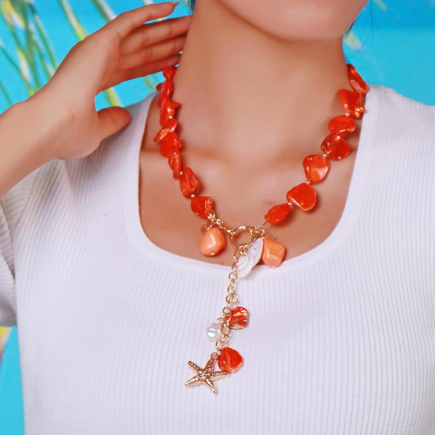 Firstmeet Natural Freshwater Shell Choker With Pearl Starfish Turquoise Pendant Irregular Mother of Pearl Necklaces for Women - Image 2