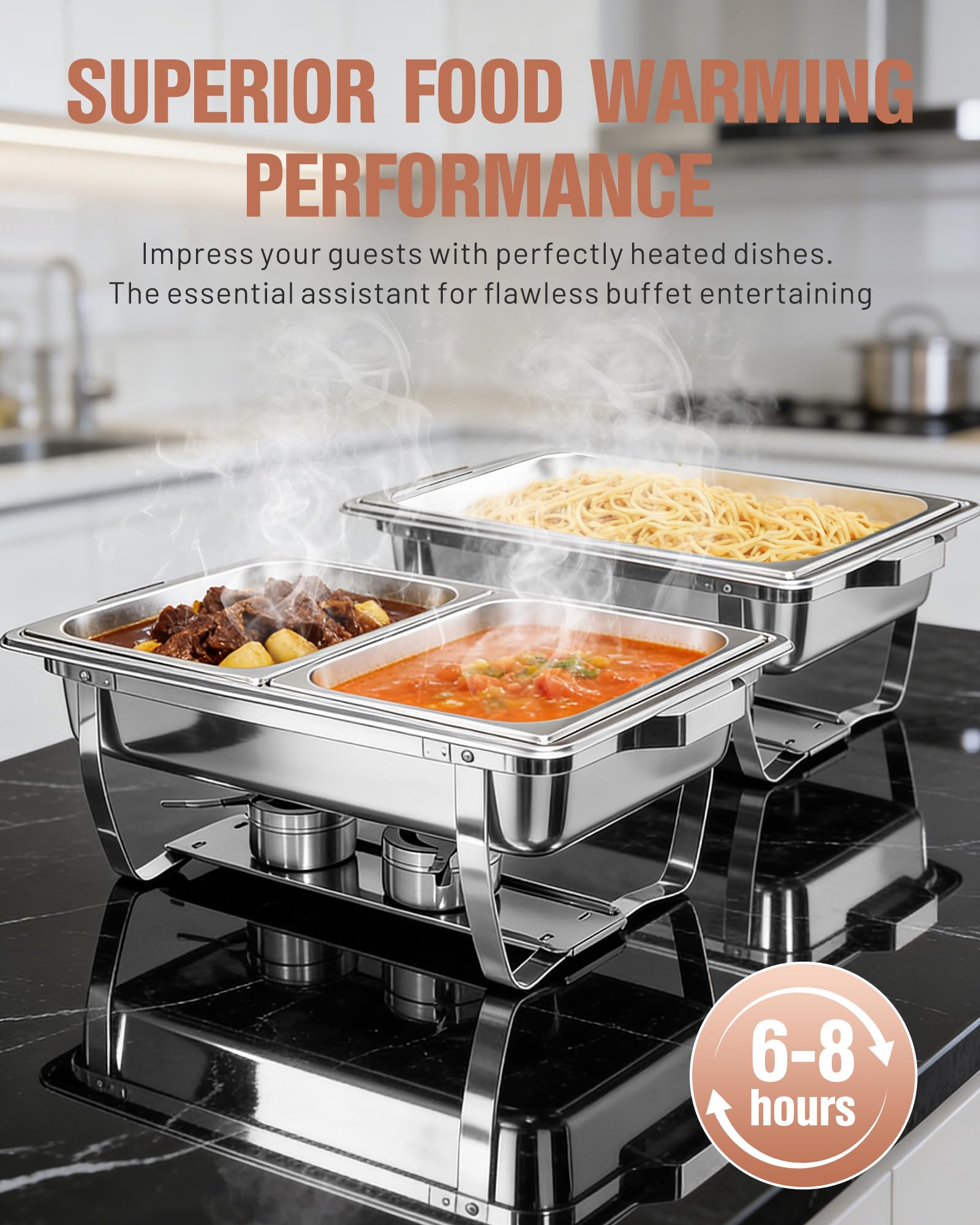 Chafing Dishes Buffet 2pcs, 9L, Scalda Vivande Portatile Rettangolare con Coperchio a Scomparsa [2 Vaschette Intere 4 Mezze Vaschette] Scaldavivande per Feste, Compleanni, Festività, Eventi in Chiesa