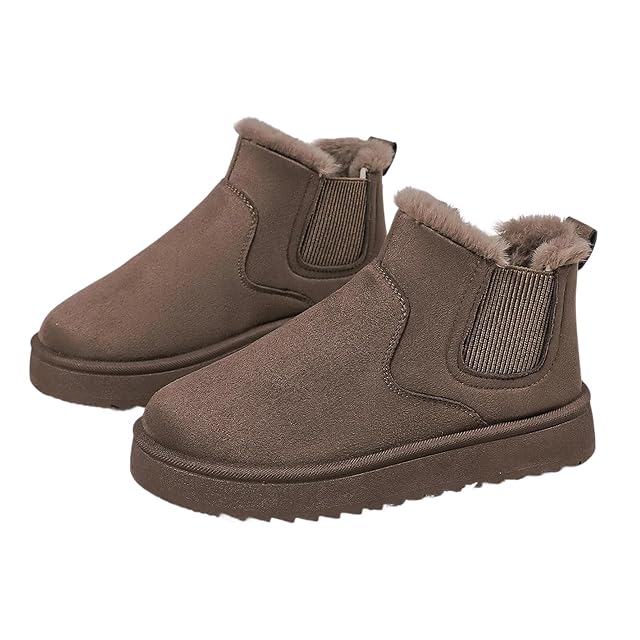 Womens Warm Fur Lined Winter Boots Cute Suede Ankle Boots Platform Chelsea Boots Slip On Chunky Ankle Booties