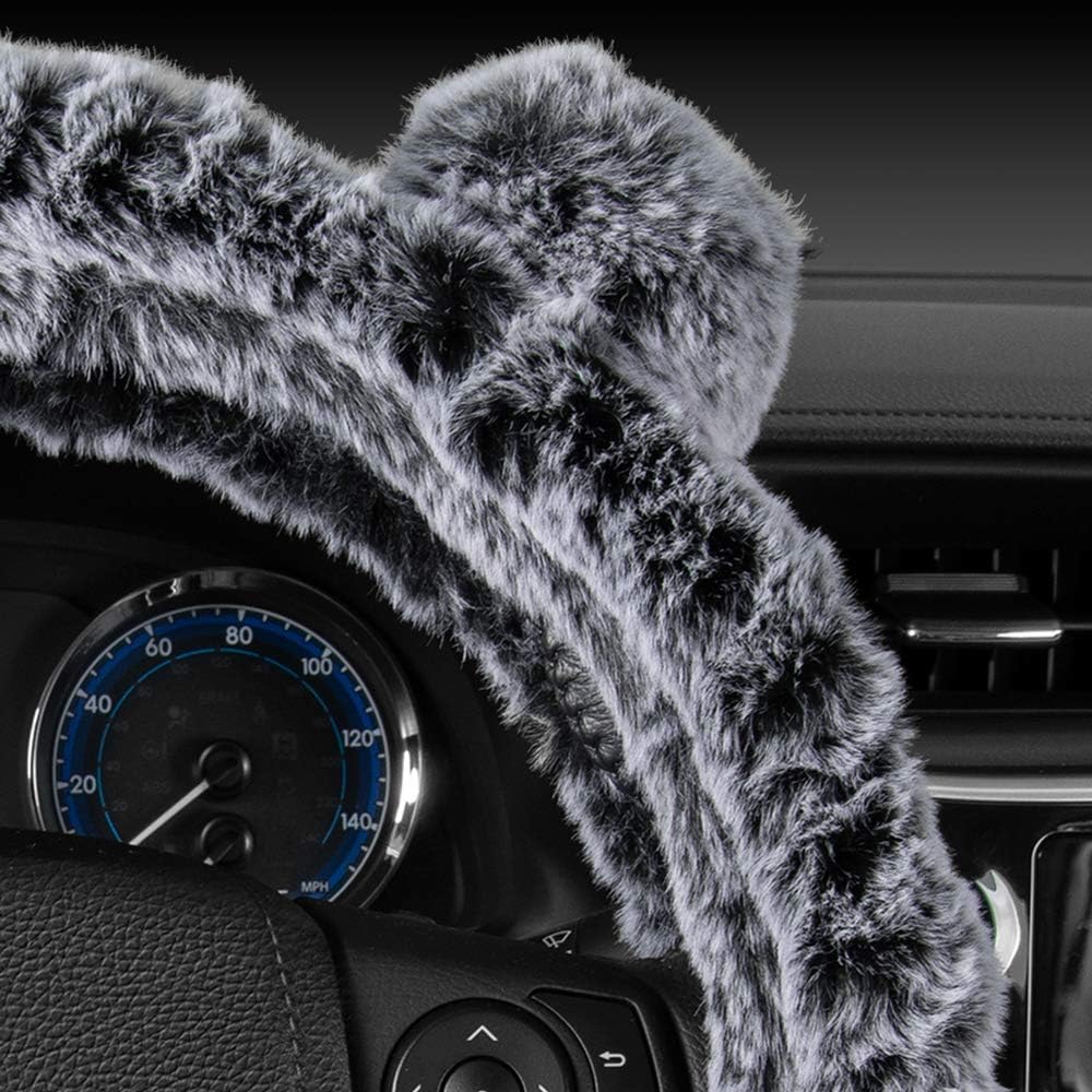 BDK Bear Fur Plush Steering Wheel Cover - Cute Faux Wool Protector for Women Girls Fits Wheels 14.5-15 inch, Bear Fur - Gray with Ears