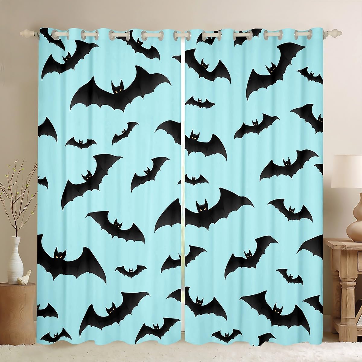 Bat Print Curtains for Living Room,Black Retro Halloween Animal Window Drapes Bedroom Blackout 30%-50%,Black Blue Color Window Treatment Grommet Top 2 Panels Decor,38Wx45L