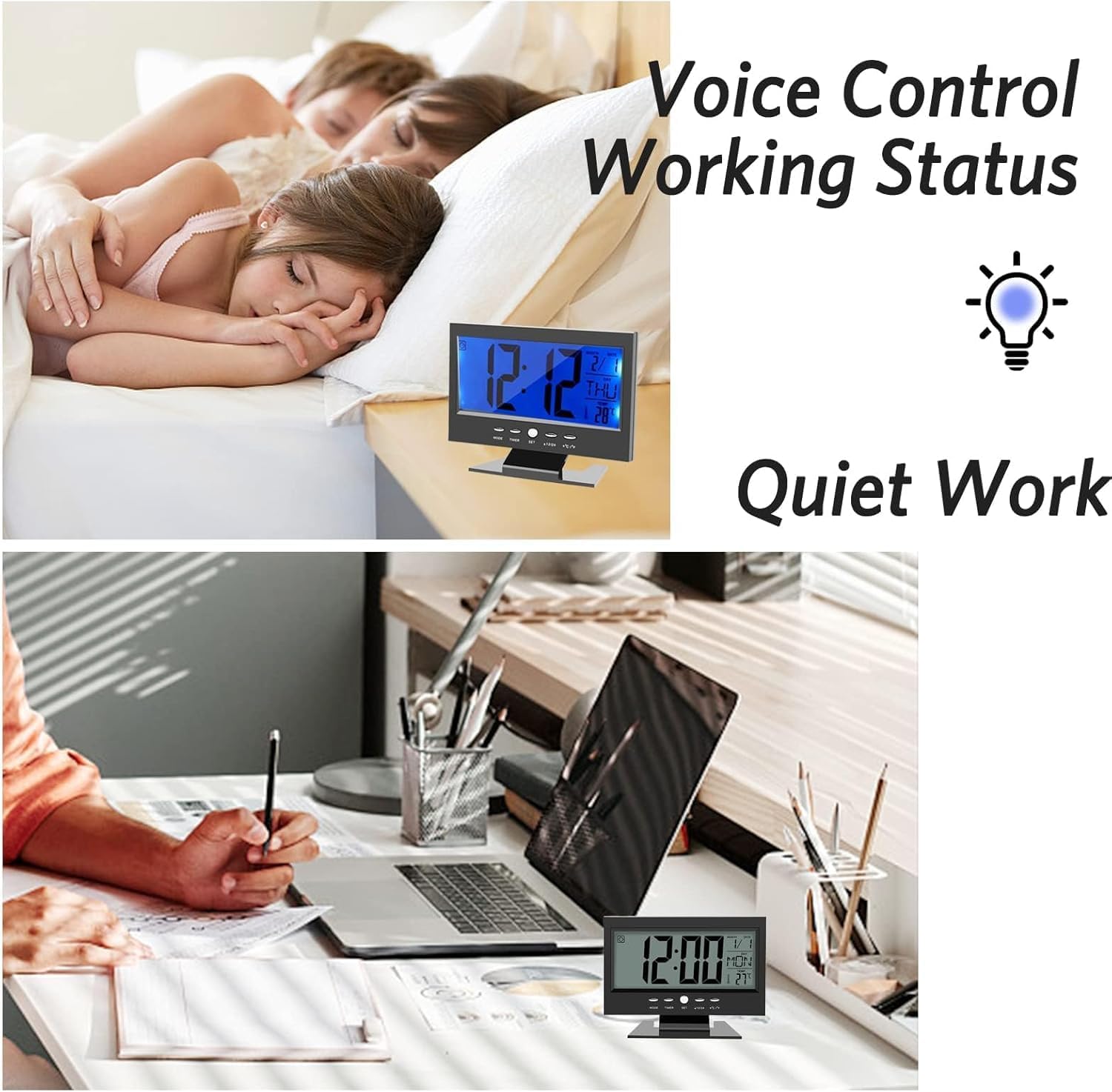 AYNEFY Table Clock,LCD Display Digital Sound Sensor Desk Alarm Clock with Smart Night Light and Snooze Time/Calendar/Temperature Display for Bedroom(Black)