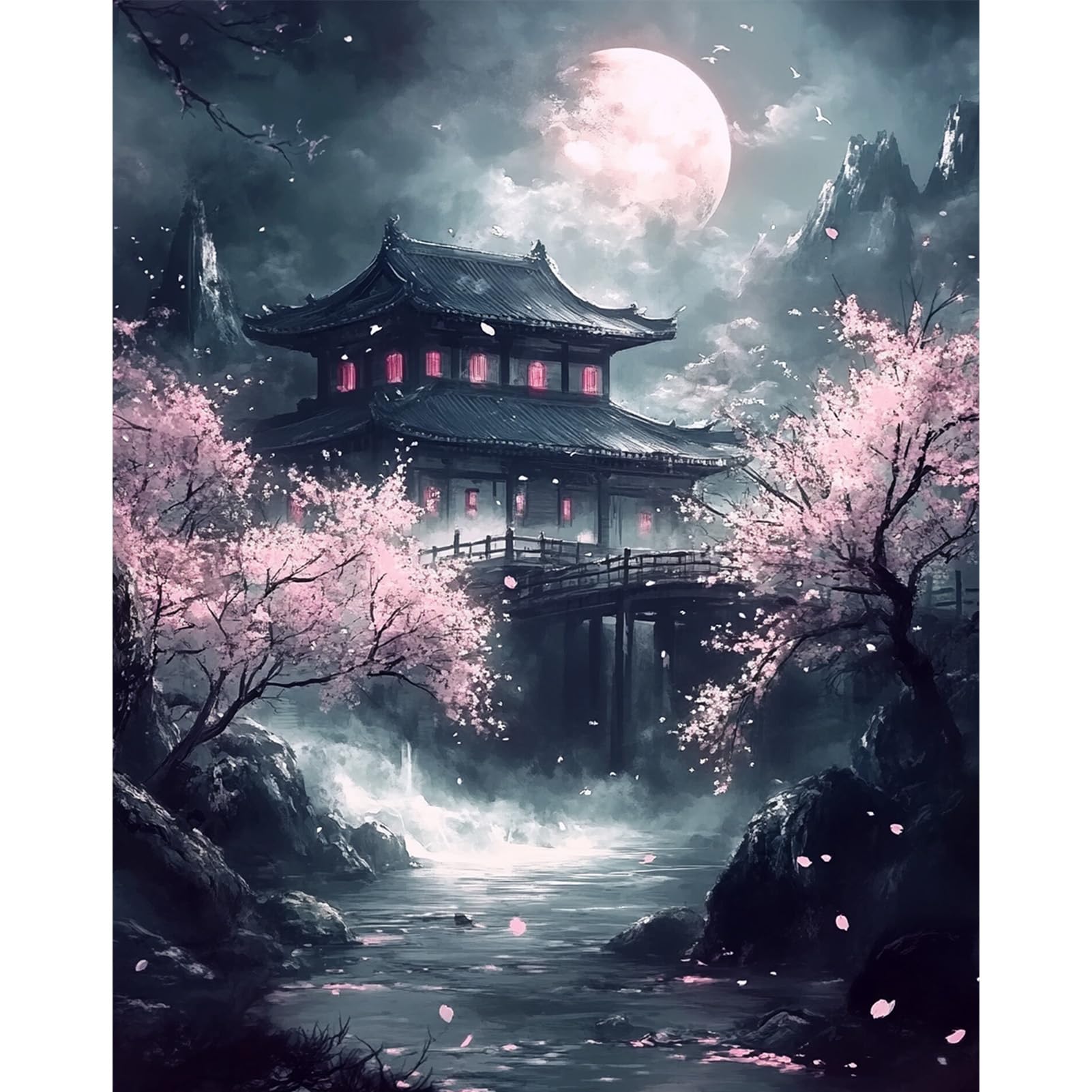 Cherry Blossoms Paint by Numbers for Adults, Paint by Numbers On Canvas, Temple Japanese landscape, Painting by Numbers for Adults, Oil Painting Gifts for Home Wall Decor 12x16inch, Without Frame โ image 1
