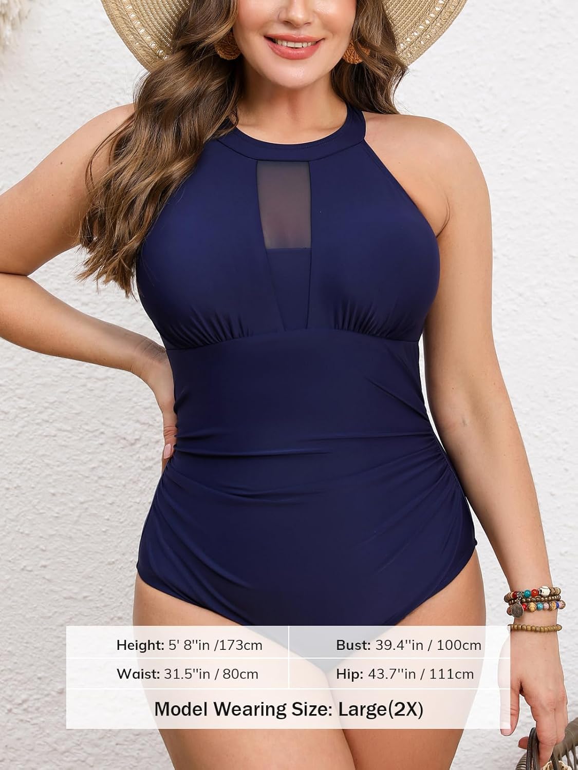 CUPSHE Plus Size One Piece Swimsuit for Women Mesh High Crew Neck Bathing Suit Curvy Tummy Control Ruched Swimwear