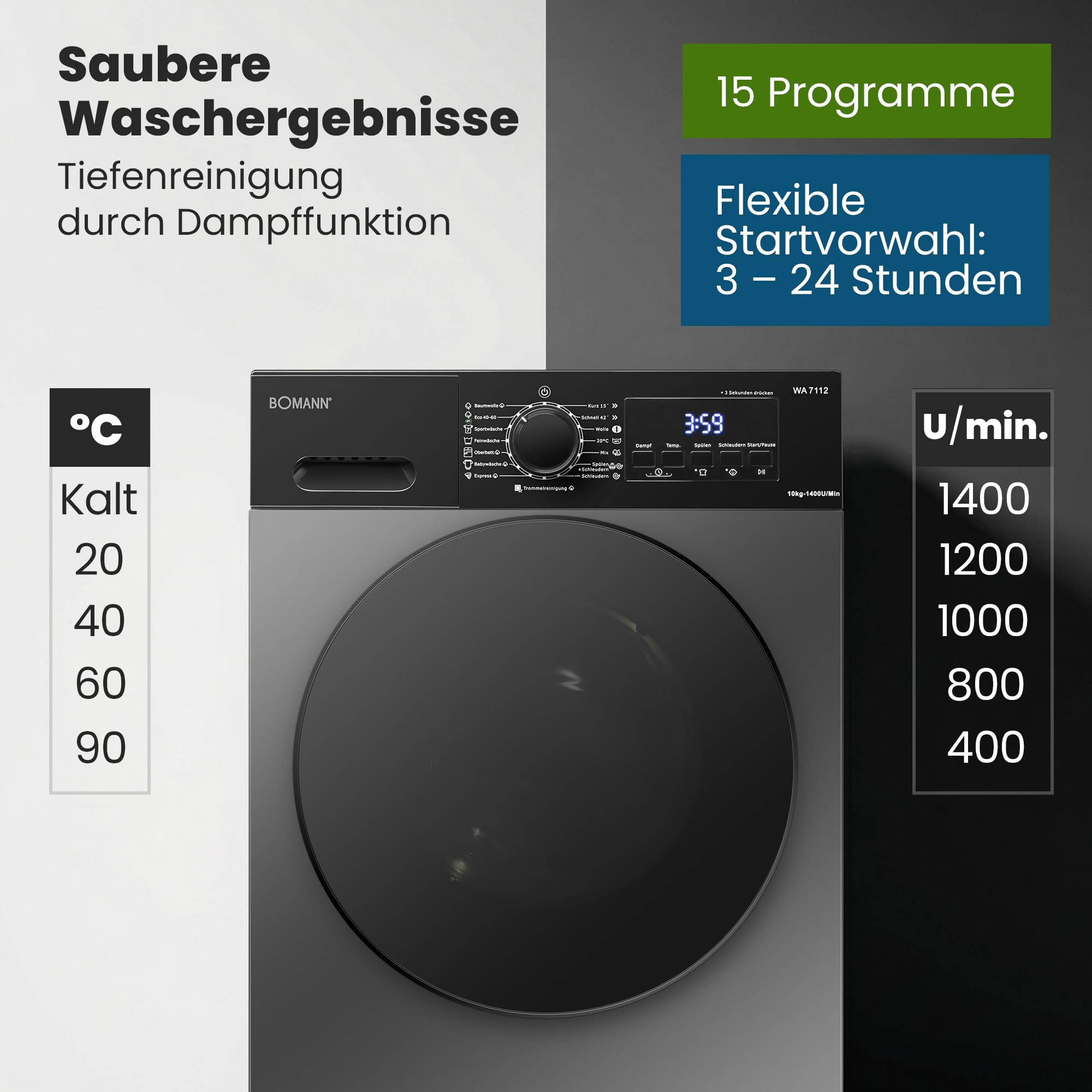 Bomann® Waschmaschine 10kg | 5 Jahre Motor-Garantie | Invertermotor - effizient, leise & langlebig | inkl. Aqua-Stop | max. 1400 U/min | 15 Programme | LED-Display | Washing Machine | WA 7112 schwarz