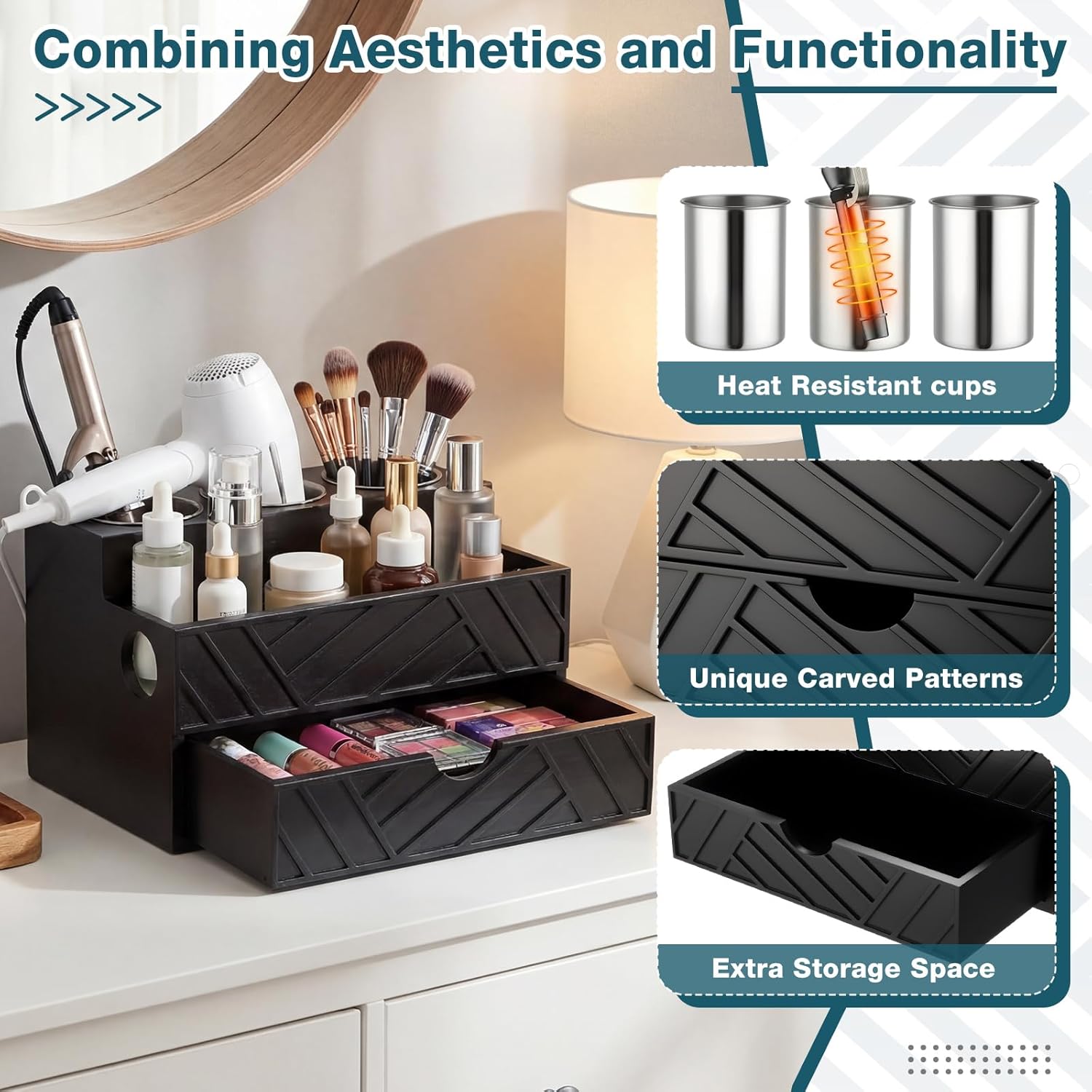 Black Hair Tool Organizer with Drawer, Hair Brush Storage for Bathroom and Vanity Countertop, Fits Blow Dryer, Curling Iron, Makeup Brushes, Skincare, Hot Tools Organizer for a Tidy Counter