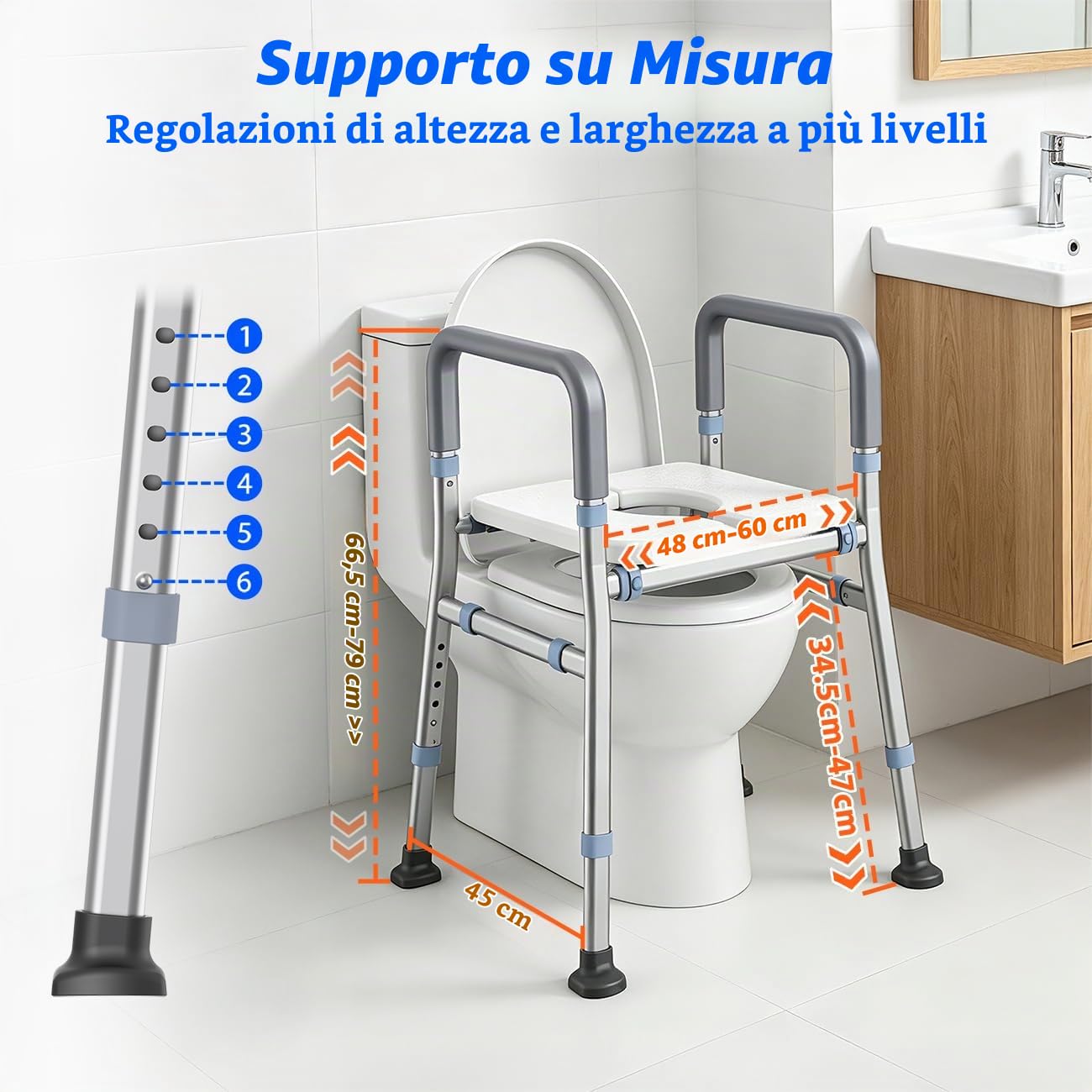 Quadro di Sicurezza WC con Maniglione Bagno Disabili, Rialzo WC per Anziani Regolabile, Alzawater per Anziani Pieghevole Senza Foro, Corrimano Toilette per Disabili e Comoda WC