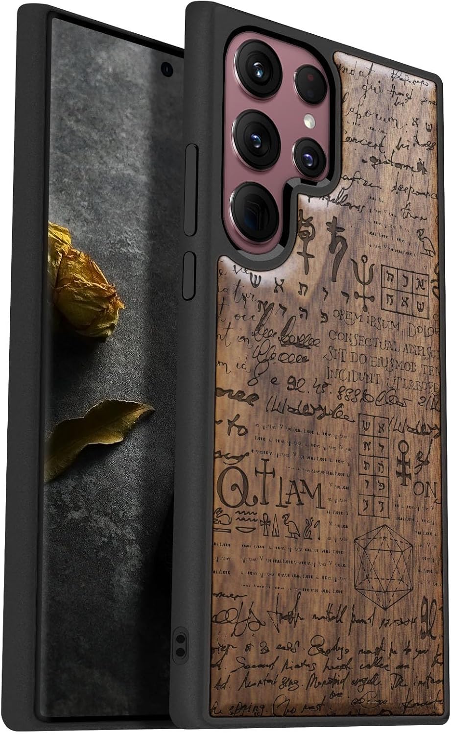Carveit Wood Case for Galaxy S22 Ultra Case [Natural Wood & Black Soft TPU] Shockproof Protective Cover Unique & Classy Wooden Design Compatible with Samsung S22 Ultra (Magic Book-Rosy)