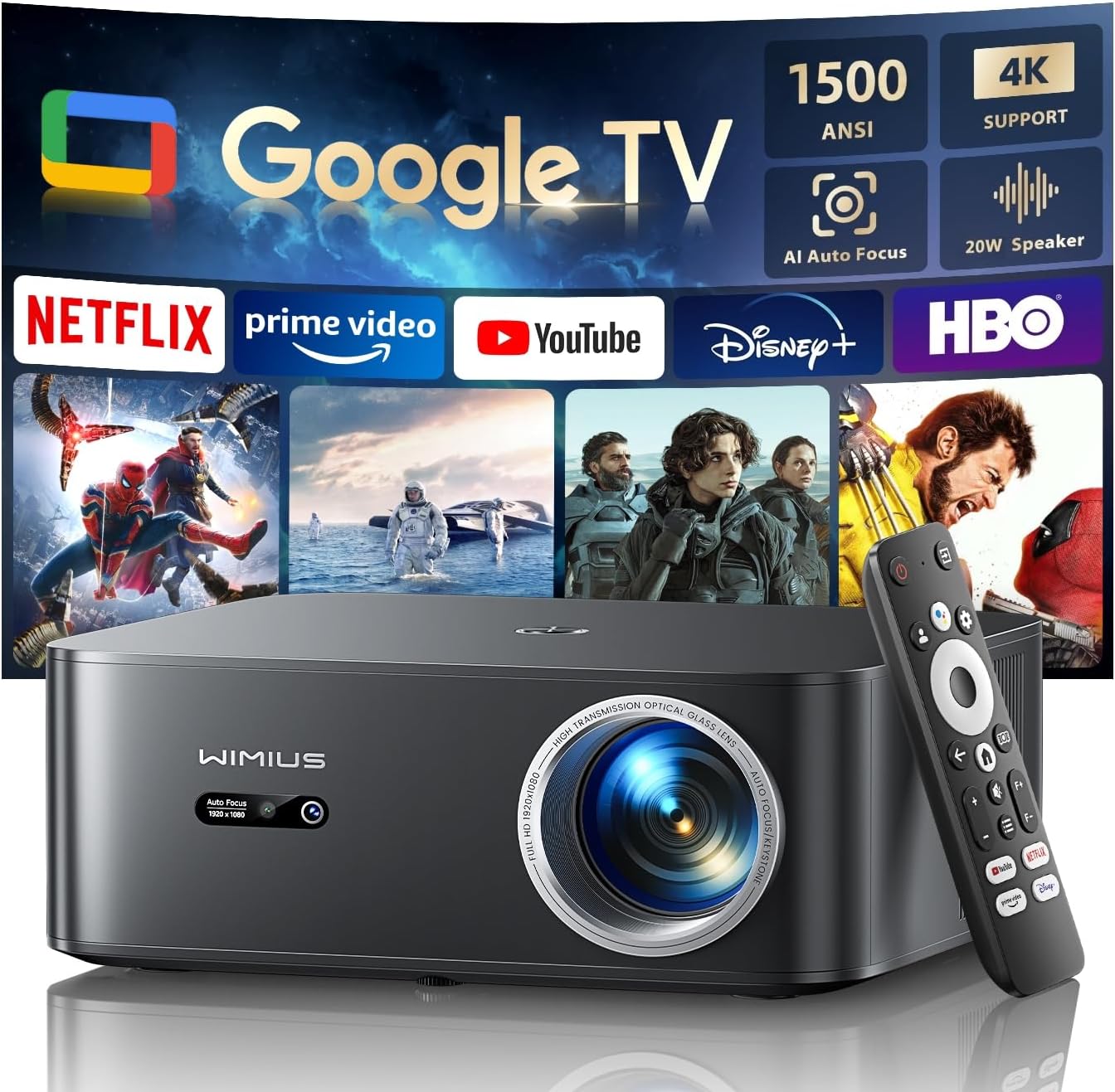 WiMiUS 4K Projector with Google TV, 1200 ANSI, WiFi 6