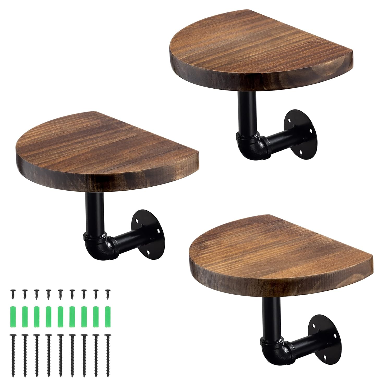 Navaris Industrial Pipe Shelf Set 3 Small Rounded Wood Shelves with