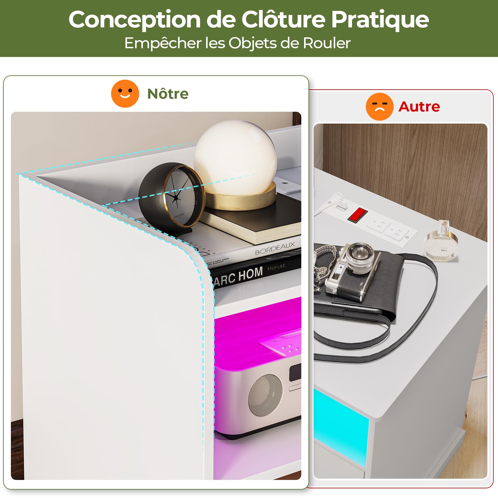 Brinlawb Table de Chevet Lot de 2 avec lumières LED et Multiprise (2 Prises CA, 2 Ports USB) Table de Nuit Lot de 2 avec 1 Compartiment Ouvert et 2 Tiroirs pour Salon, Chambre, Bureau, Moderne, Blanc