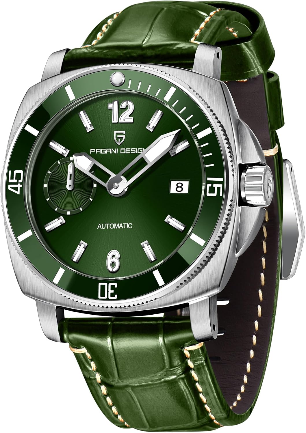 Pagani Design PD1820 watch with green leather strap on a wrist