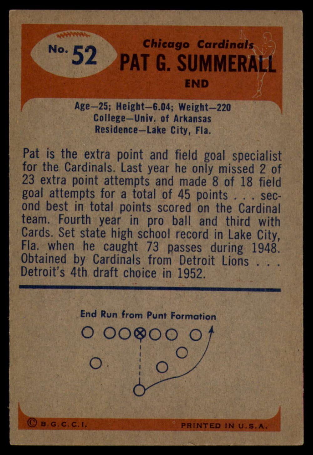 Football NFL 1955 Bowman #52 Pat Summerall EX/NM RC Rookie