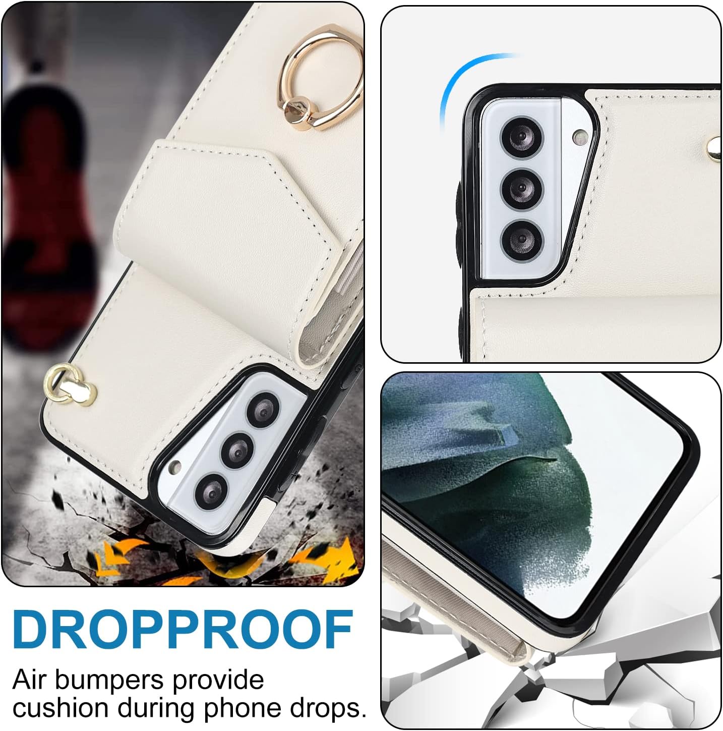 for Samsung Galaxy S21 Plus Case 5G 6.7 inch, Minimalist Wallet Case with Ring Kickstand and Shoulder Strap, Shockproof Stylish Protective Cover for Galaxy S21 Plus -White
